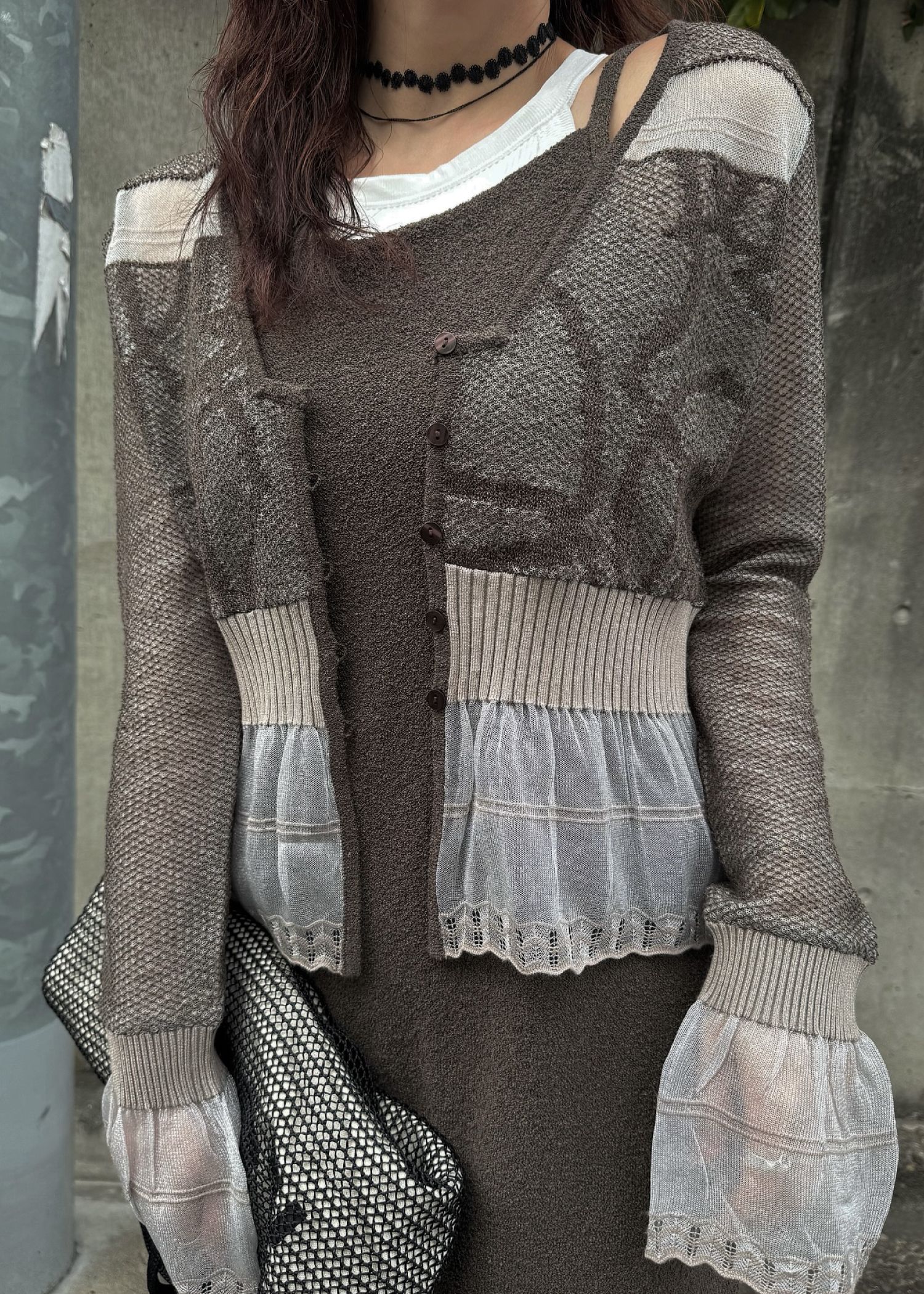 jacquard pattern sheer knit cardigan