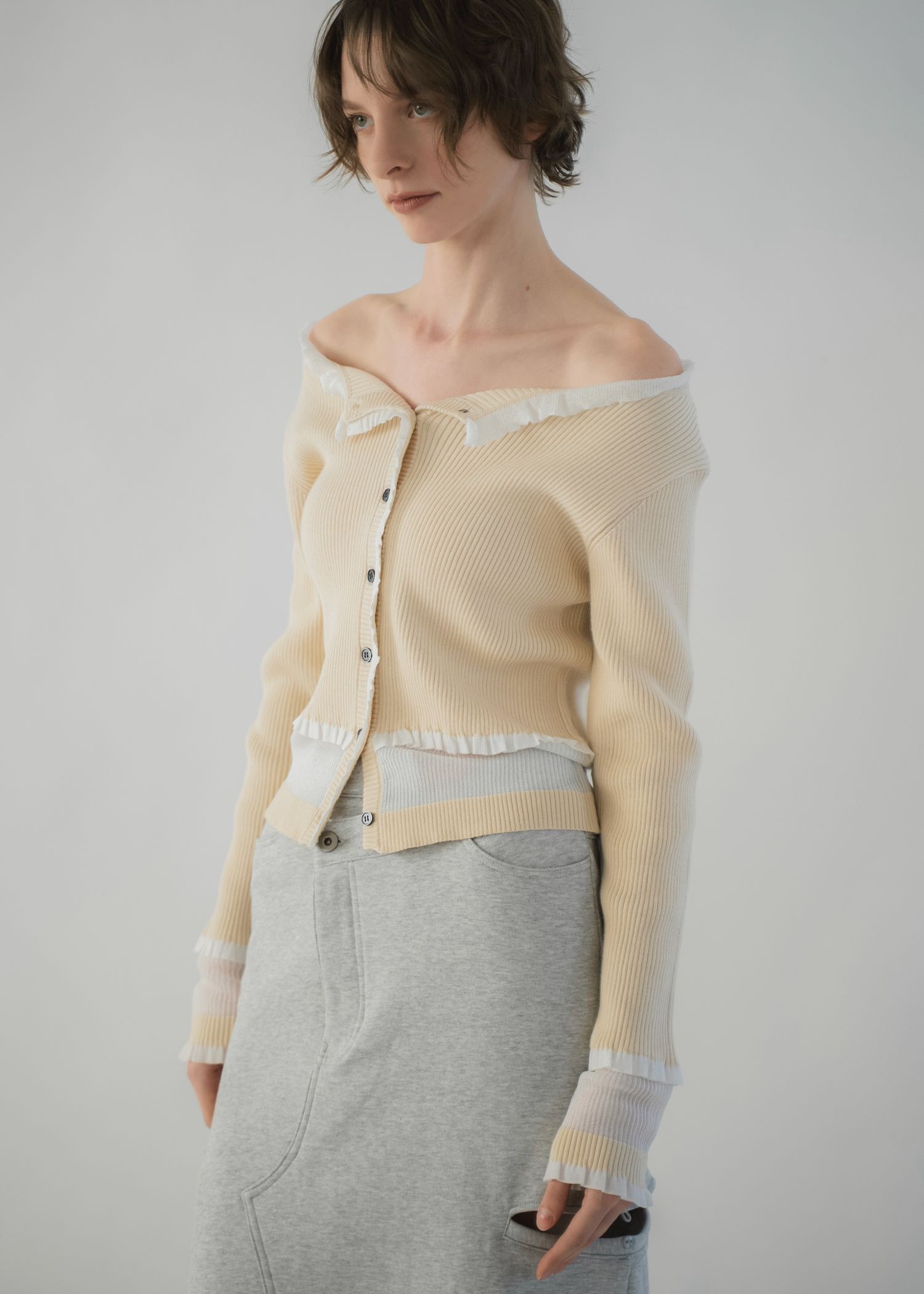 partial sheer frill knit cardigan