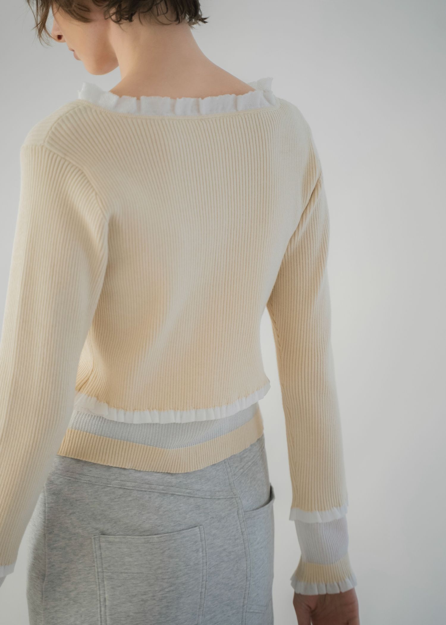 partial sheer frill knit cardigan