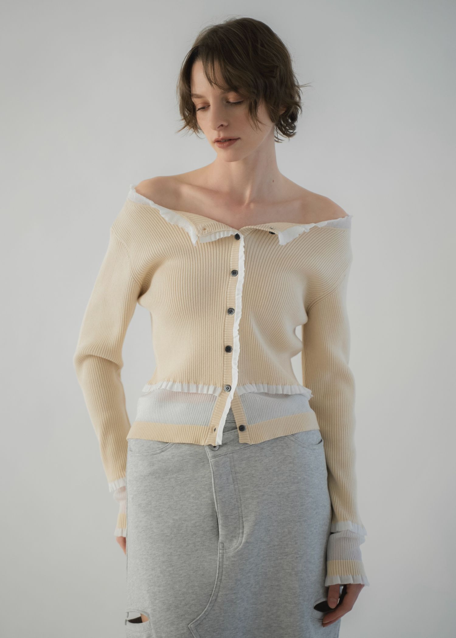 partial sheer frill knit cardigan