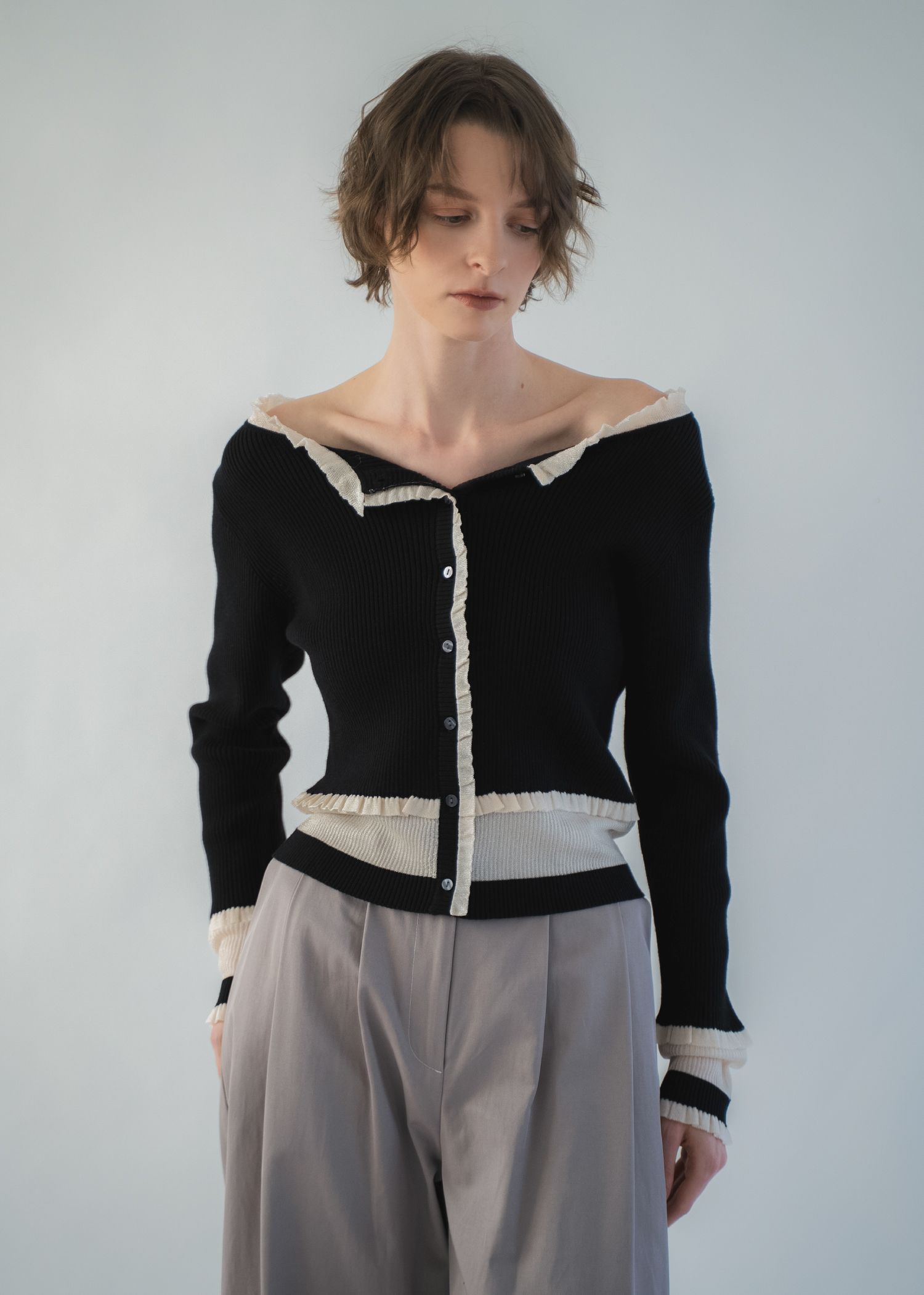 partial sheer frill knit cardigan