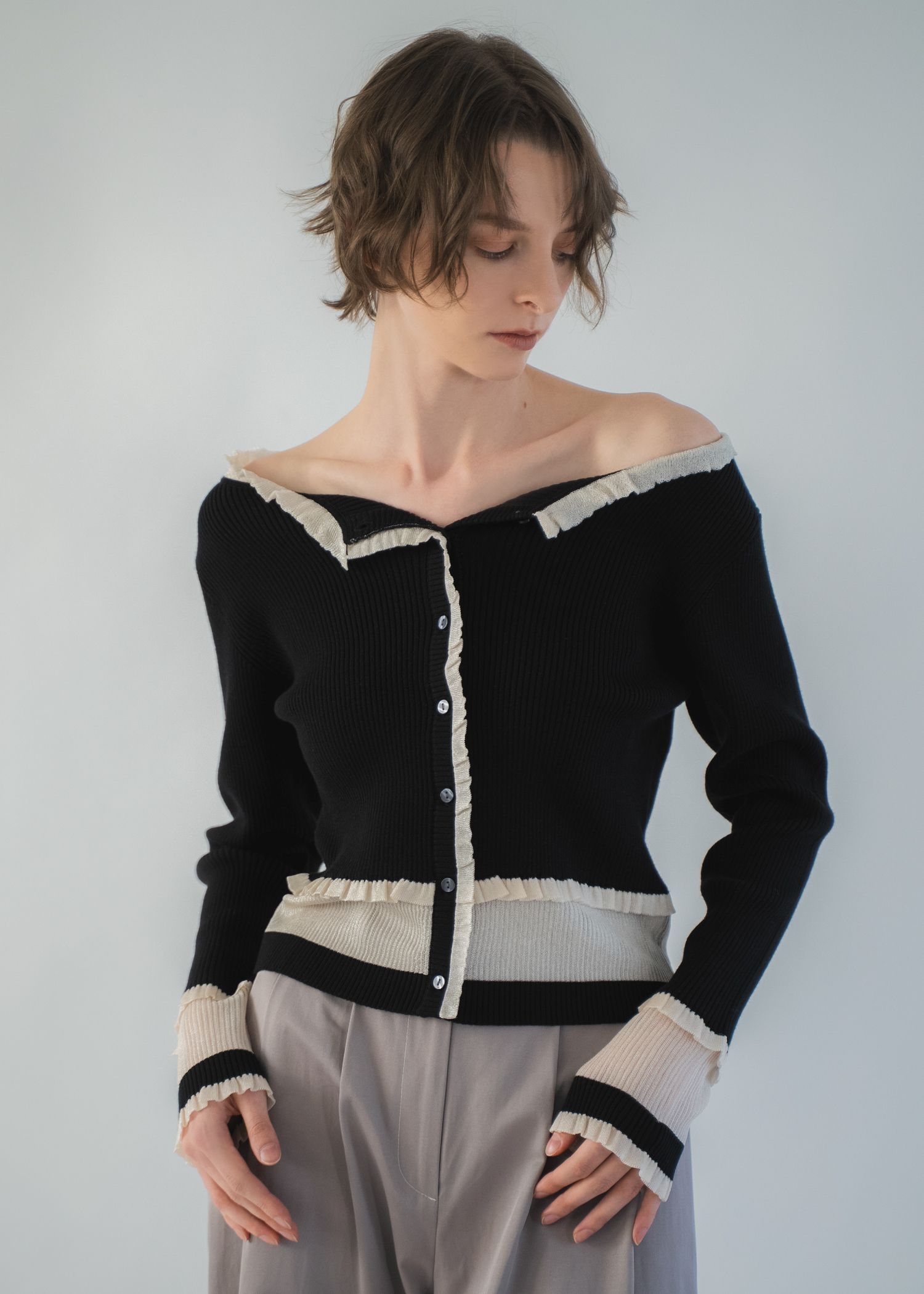 partial sheer frill knit cardigan