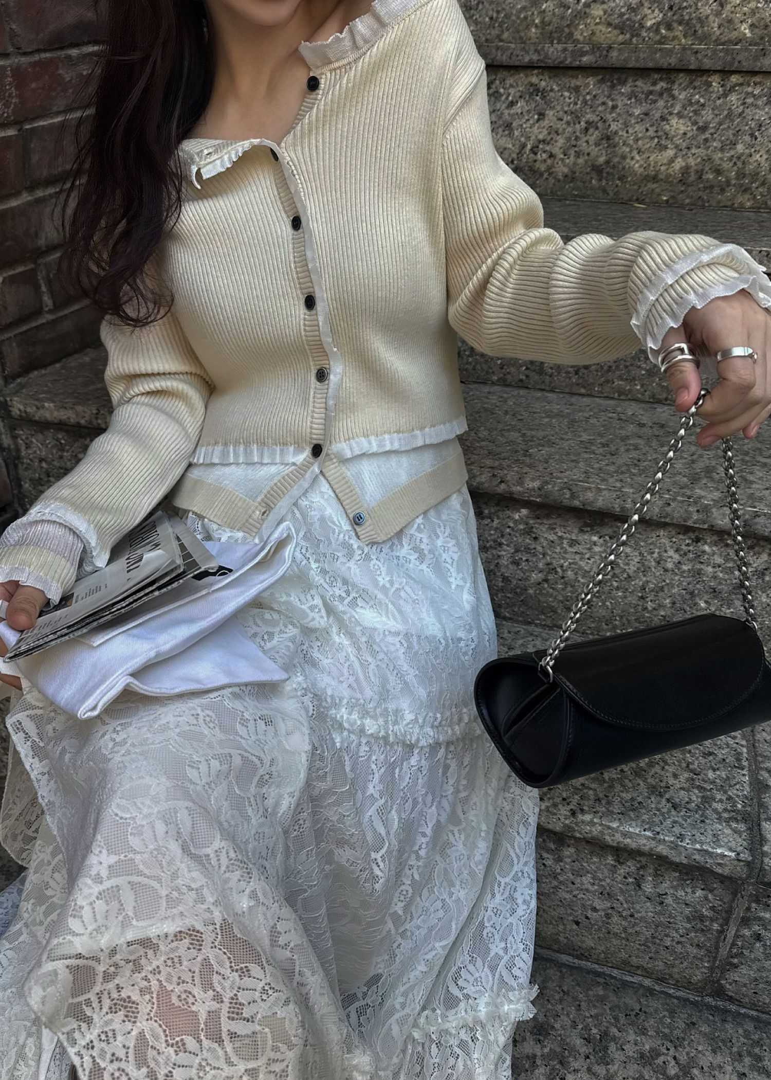 partial sheer frill knit cardigan