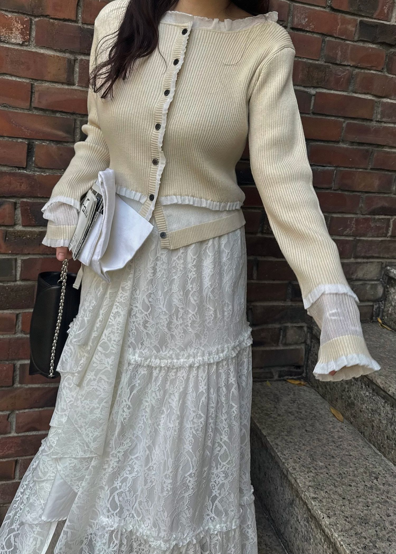 partial sheer frill knit cardigan