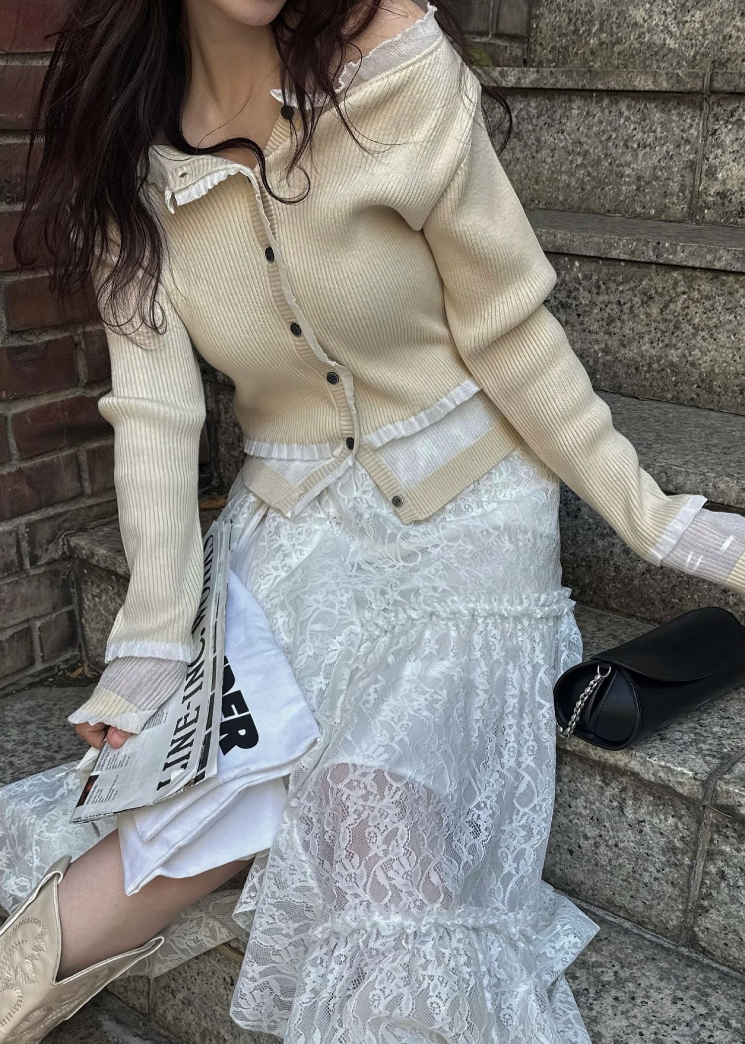 partial sheer frill knit cardigan