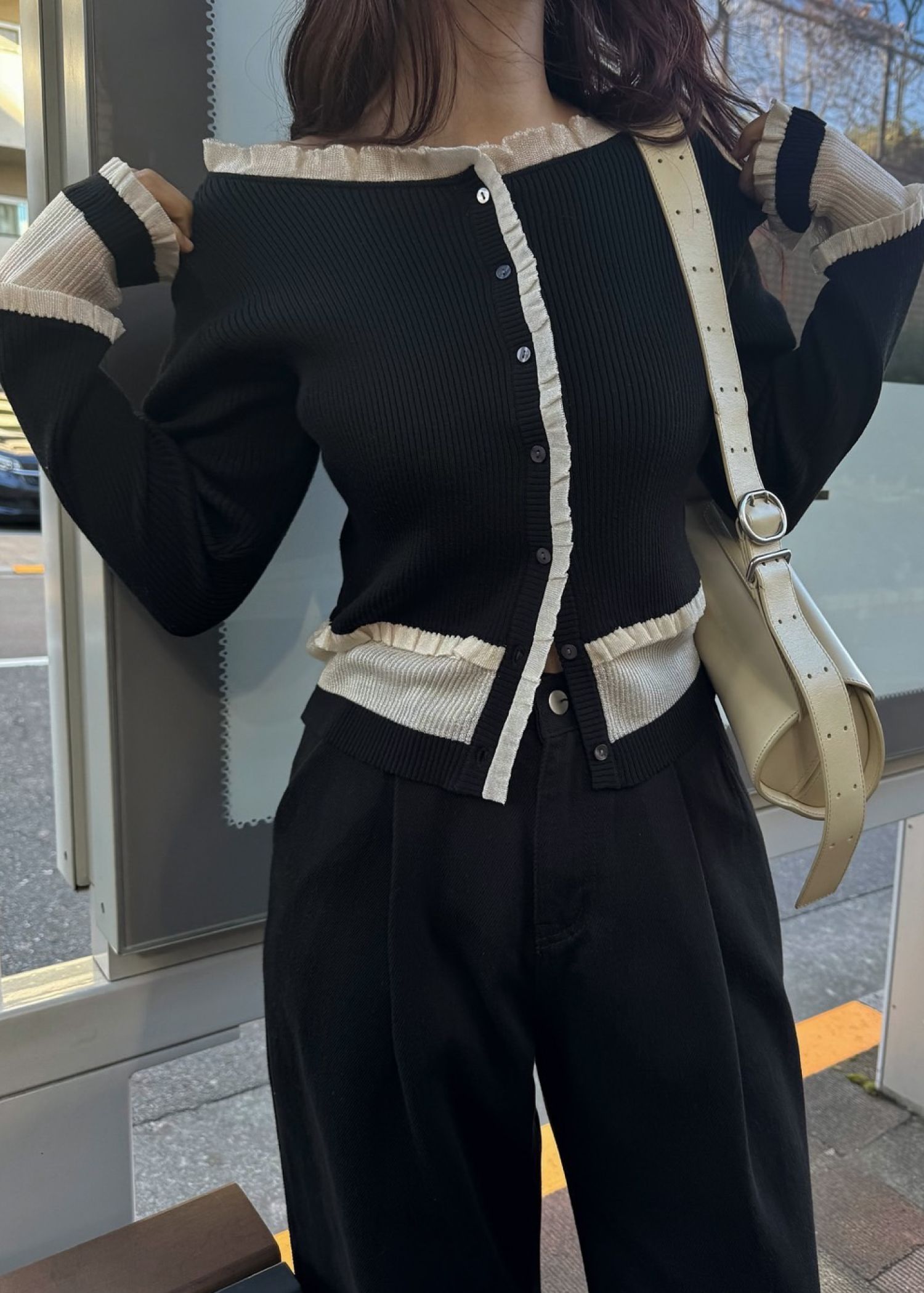 partial sheer frill knit cardigan