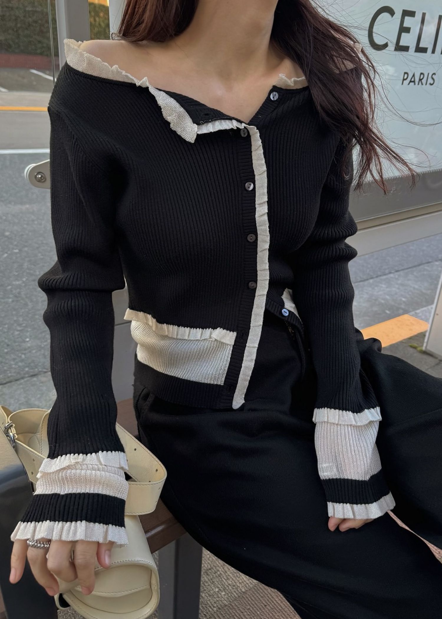 partial sheer frill knit cardigan