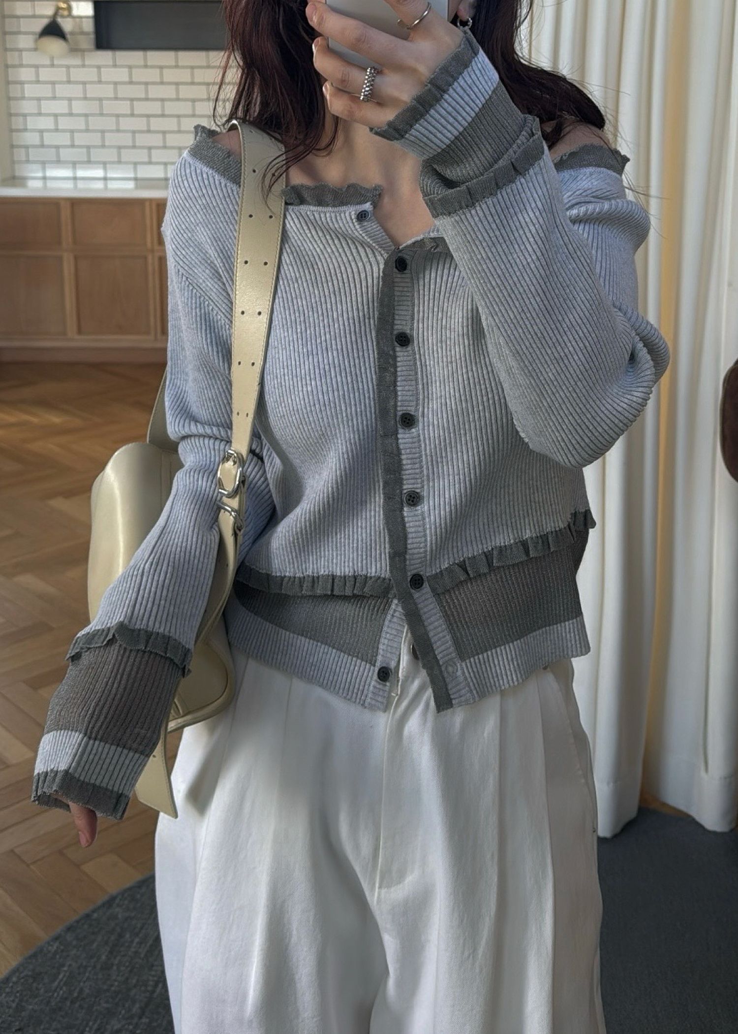 partial sheer frill knit cardigan