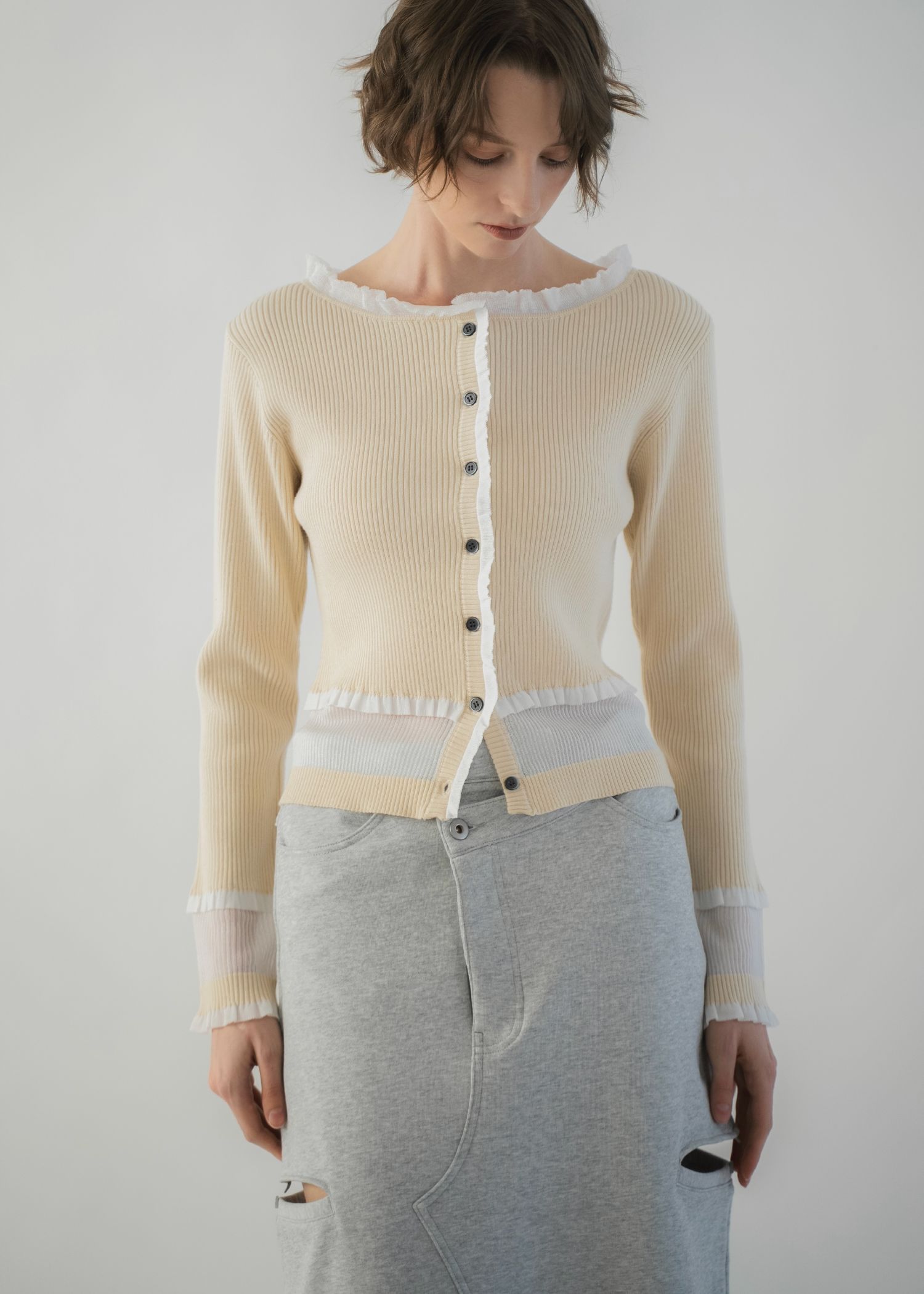 partial sheer frill knit cardigan