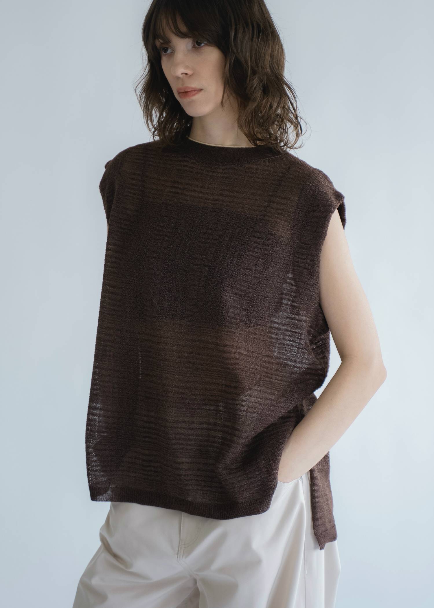 sheer check pattern knit tank