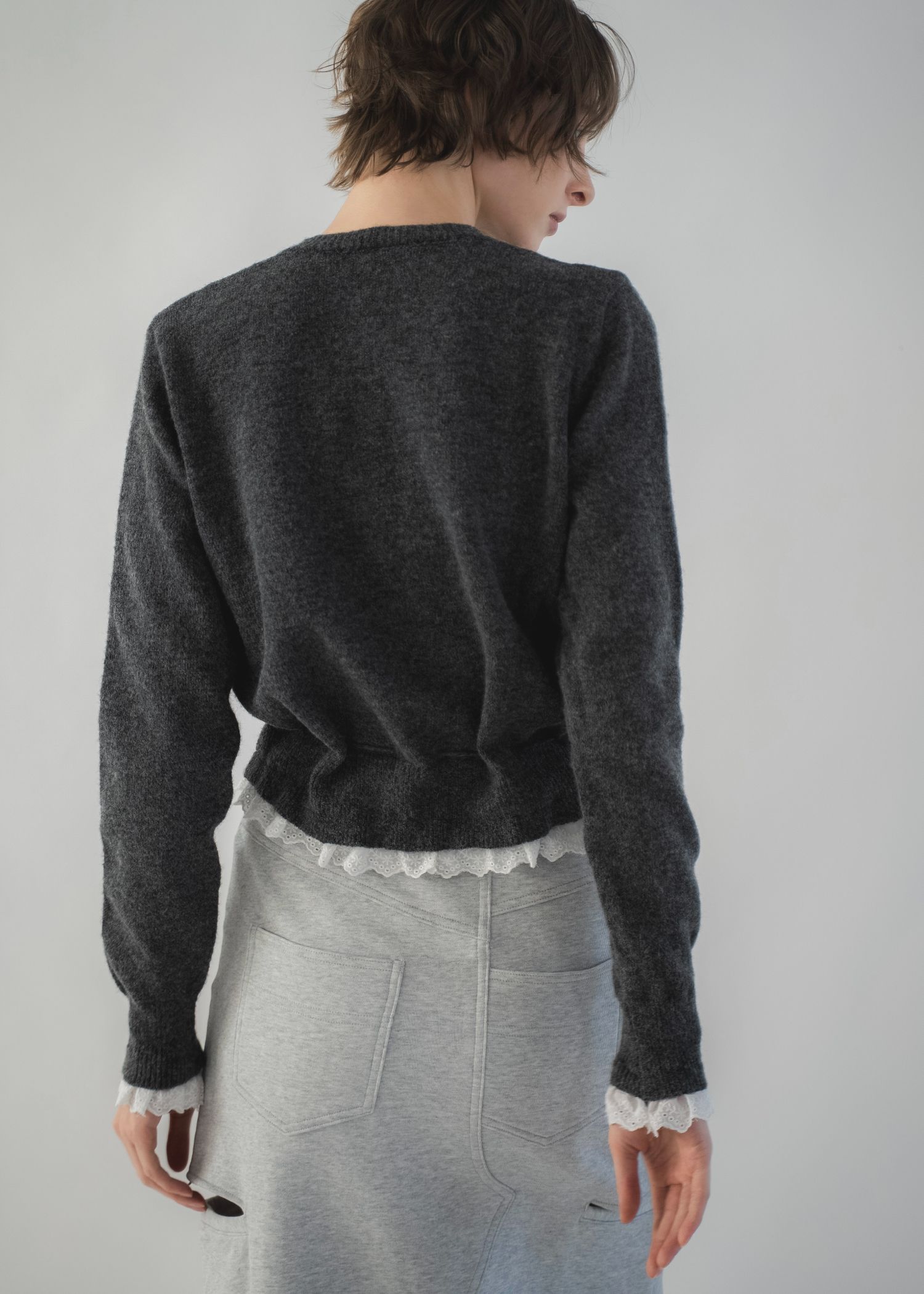 lace trim drawstring knit cardigan