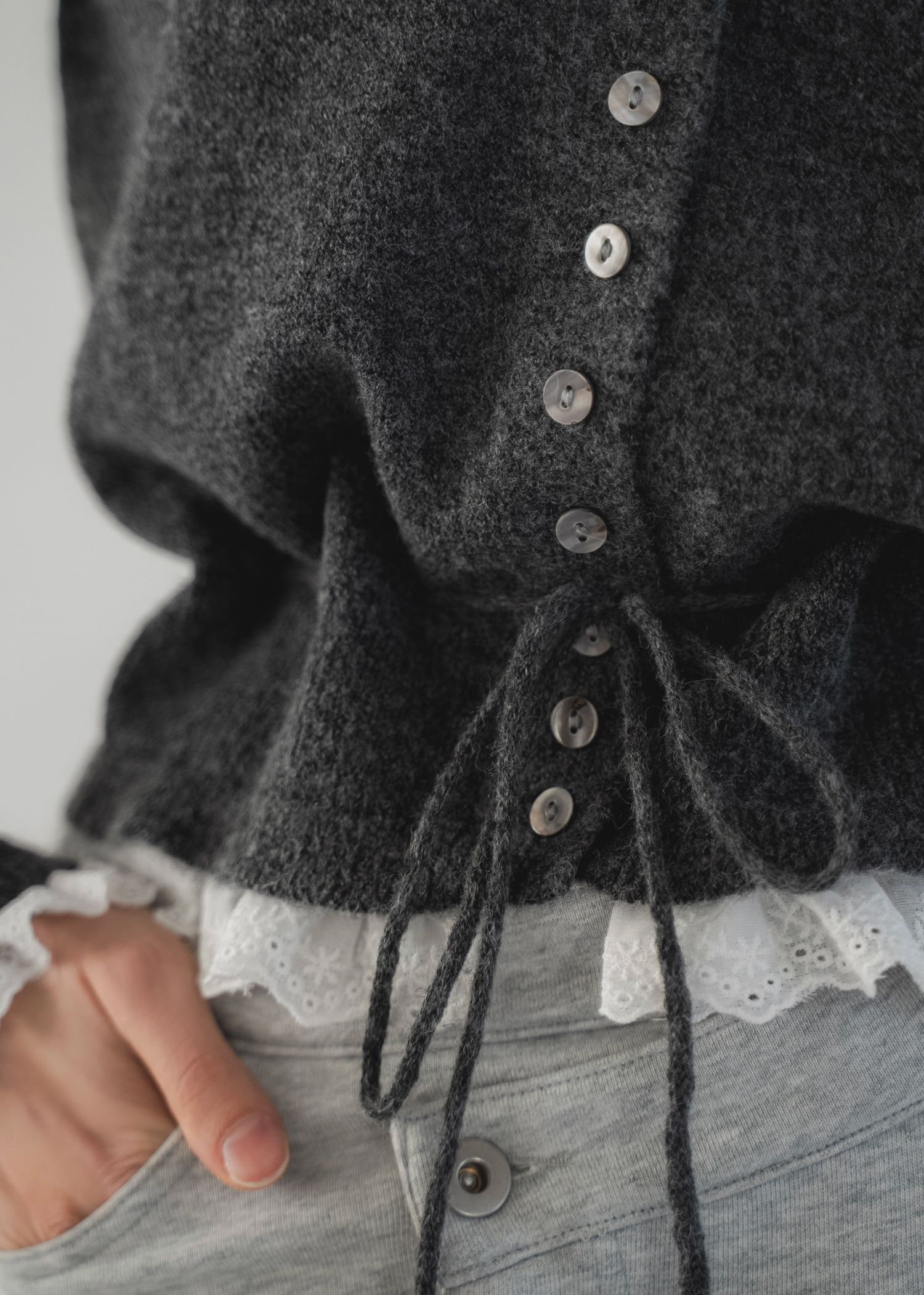 lace trim drawstring knit cardigan