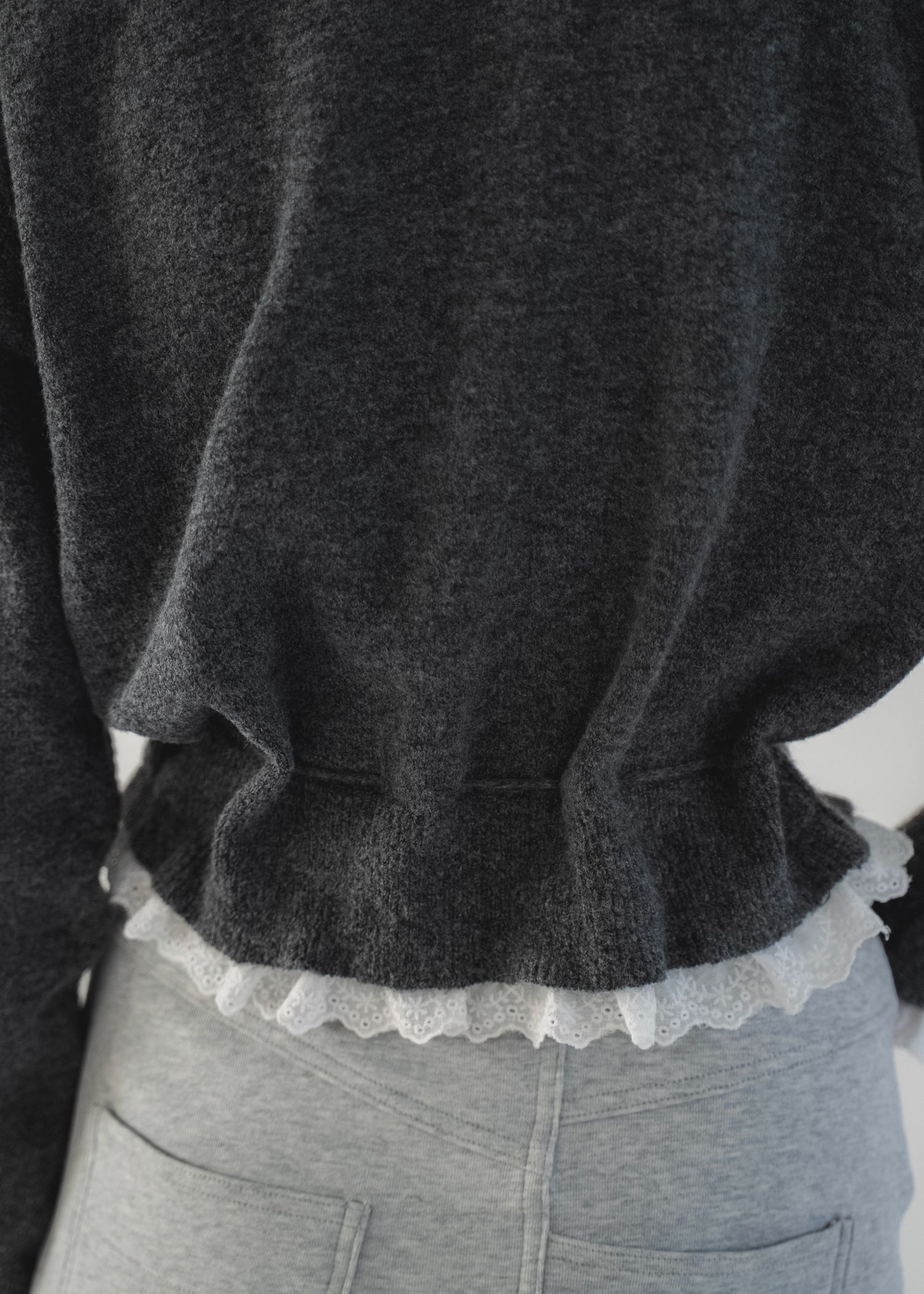 lace trim drawstring knit cardigan