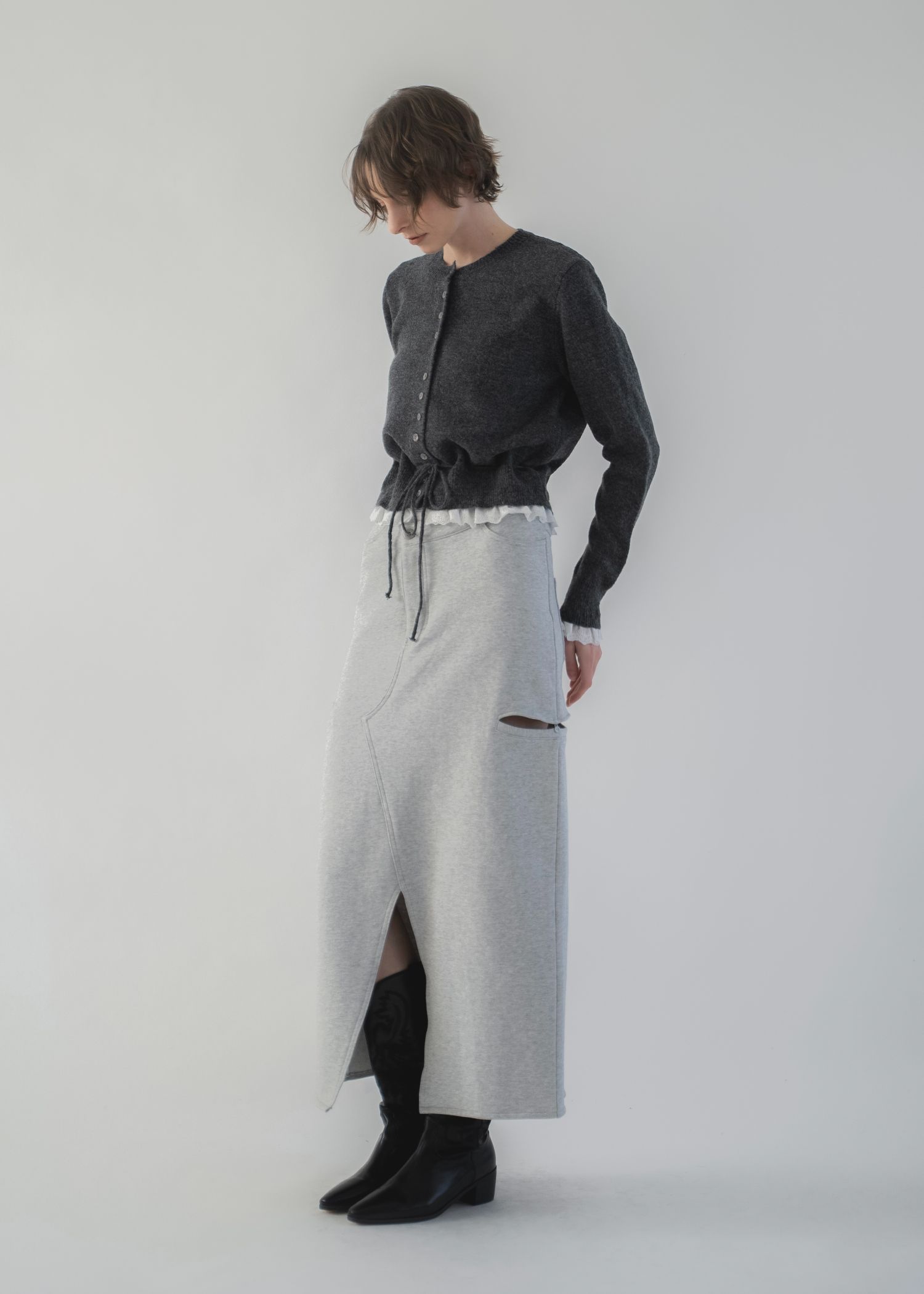 lace trim drawstring knit cardigan