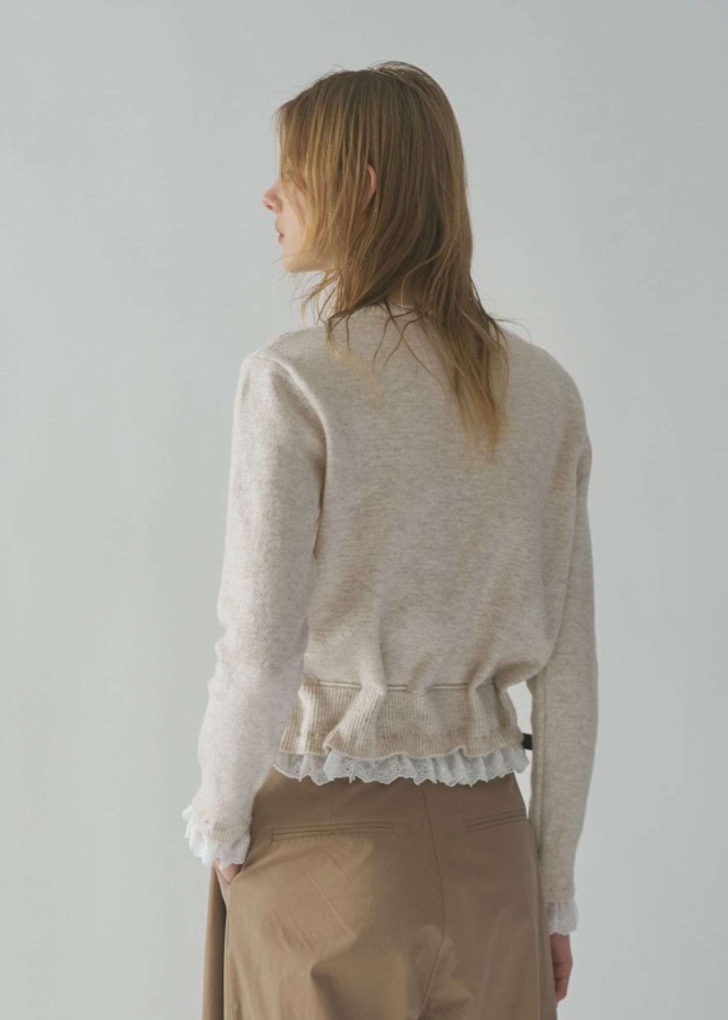 lace trim drawstring knit cardigan