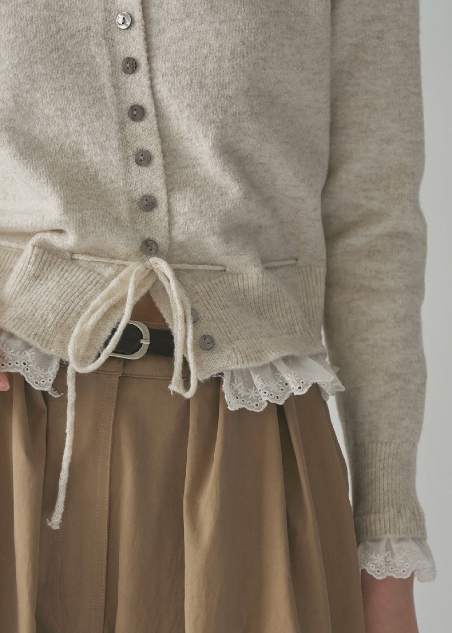 lace trim drawstring knit cardigan