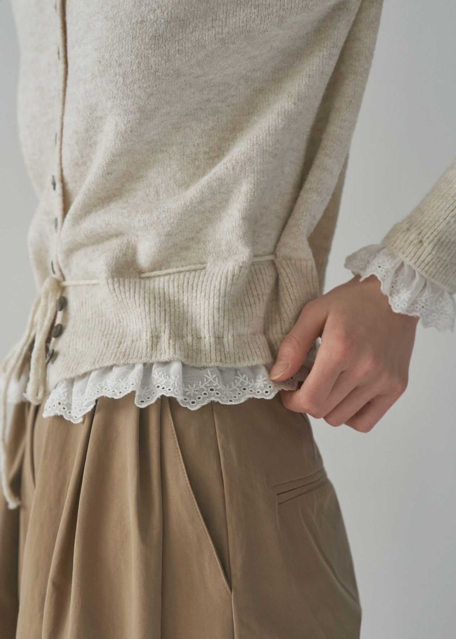 lace trim drawstring knit cardigan