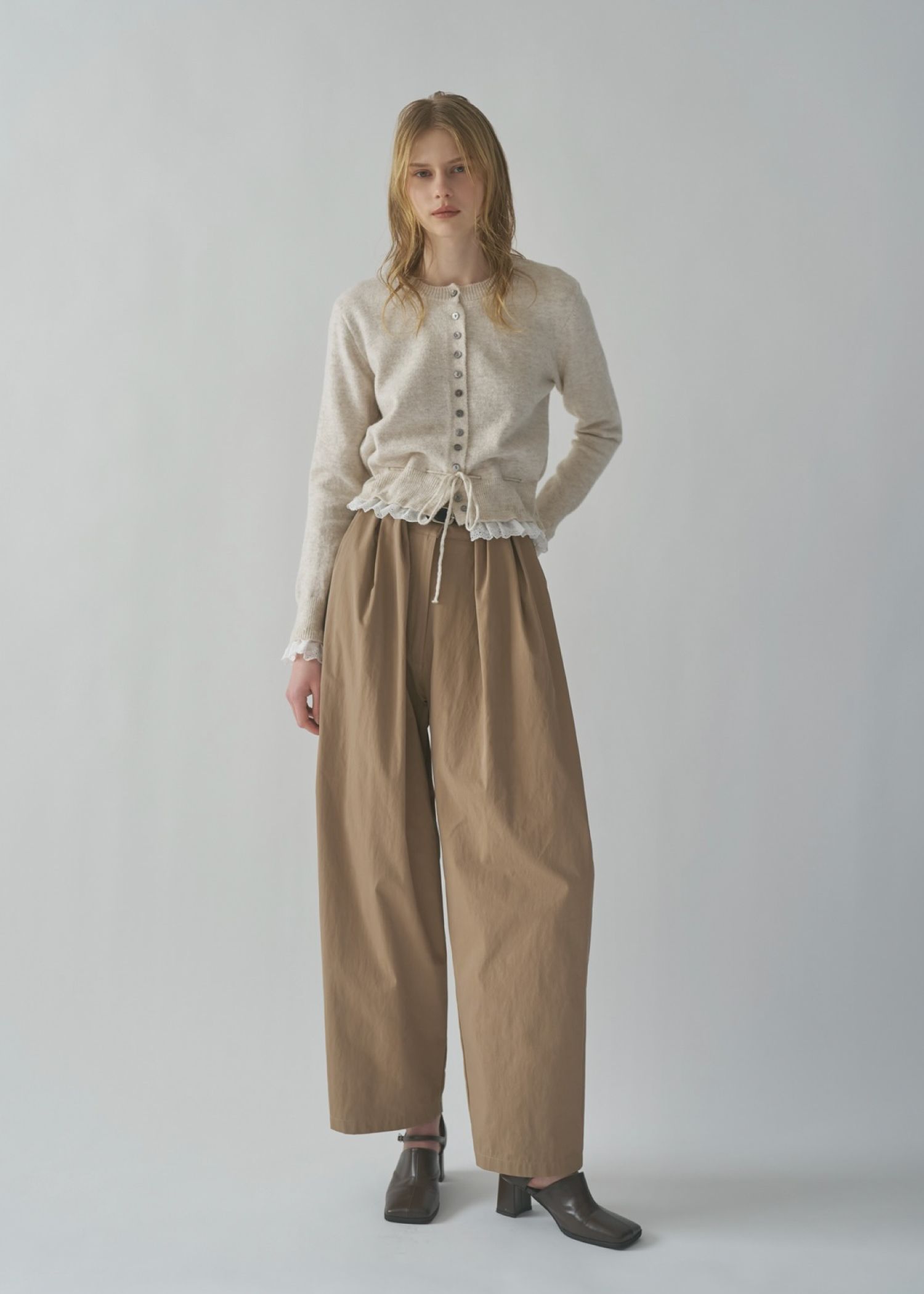 lace trim drawstring knit cardigan