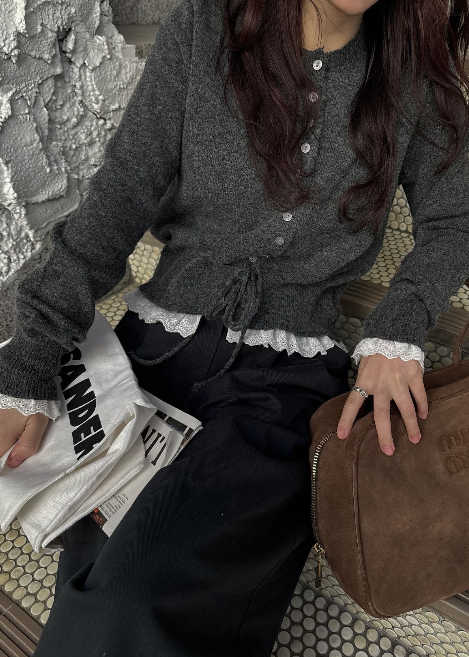 lace trim drawstring knit cardigan