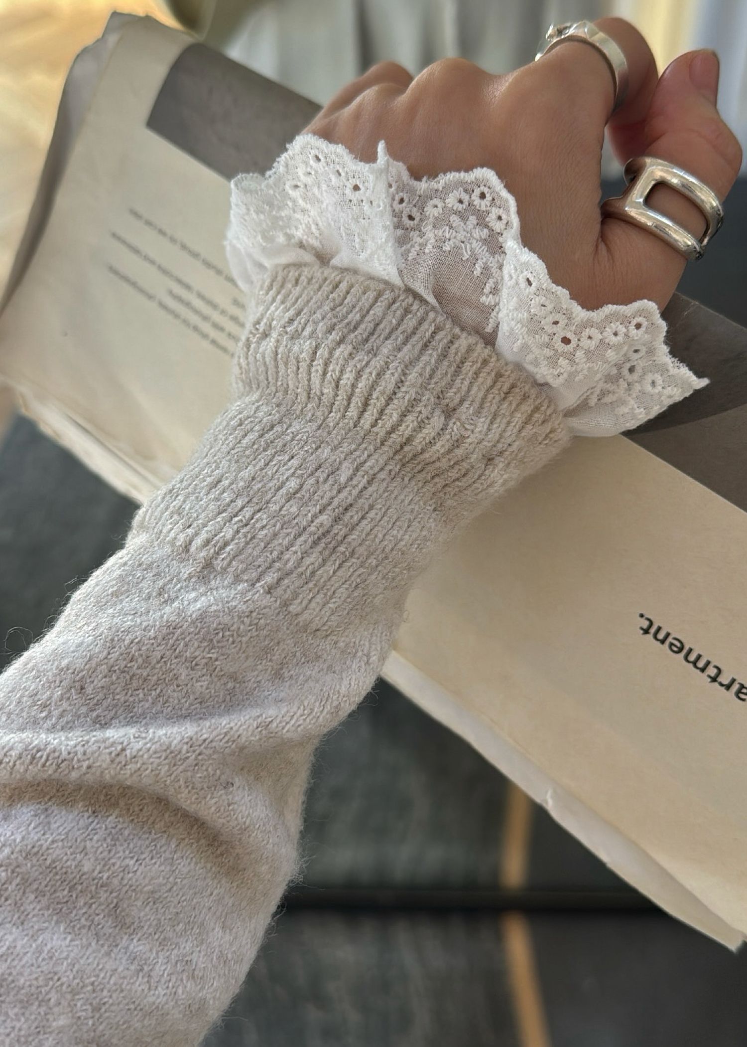 lace trim drawstring knit cardigan