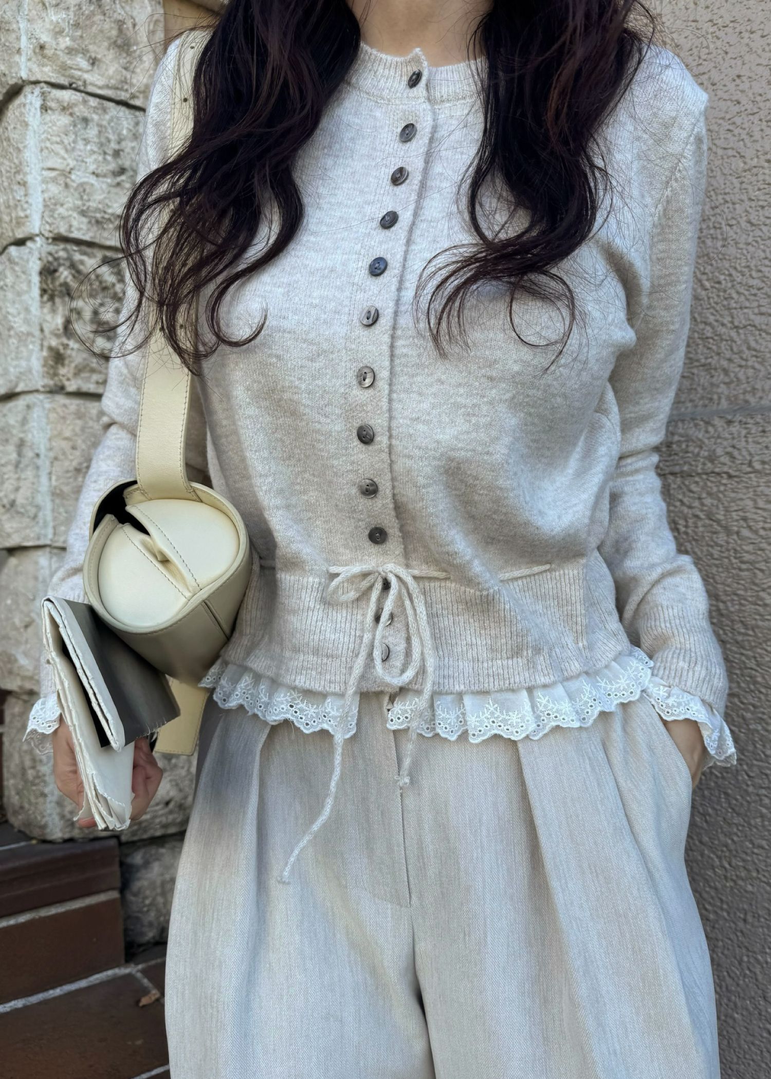 lace trim drawstring knit cardigan
