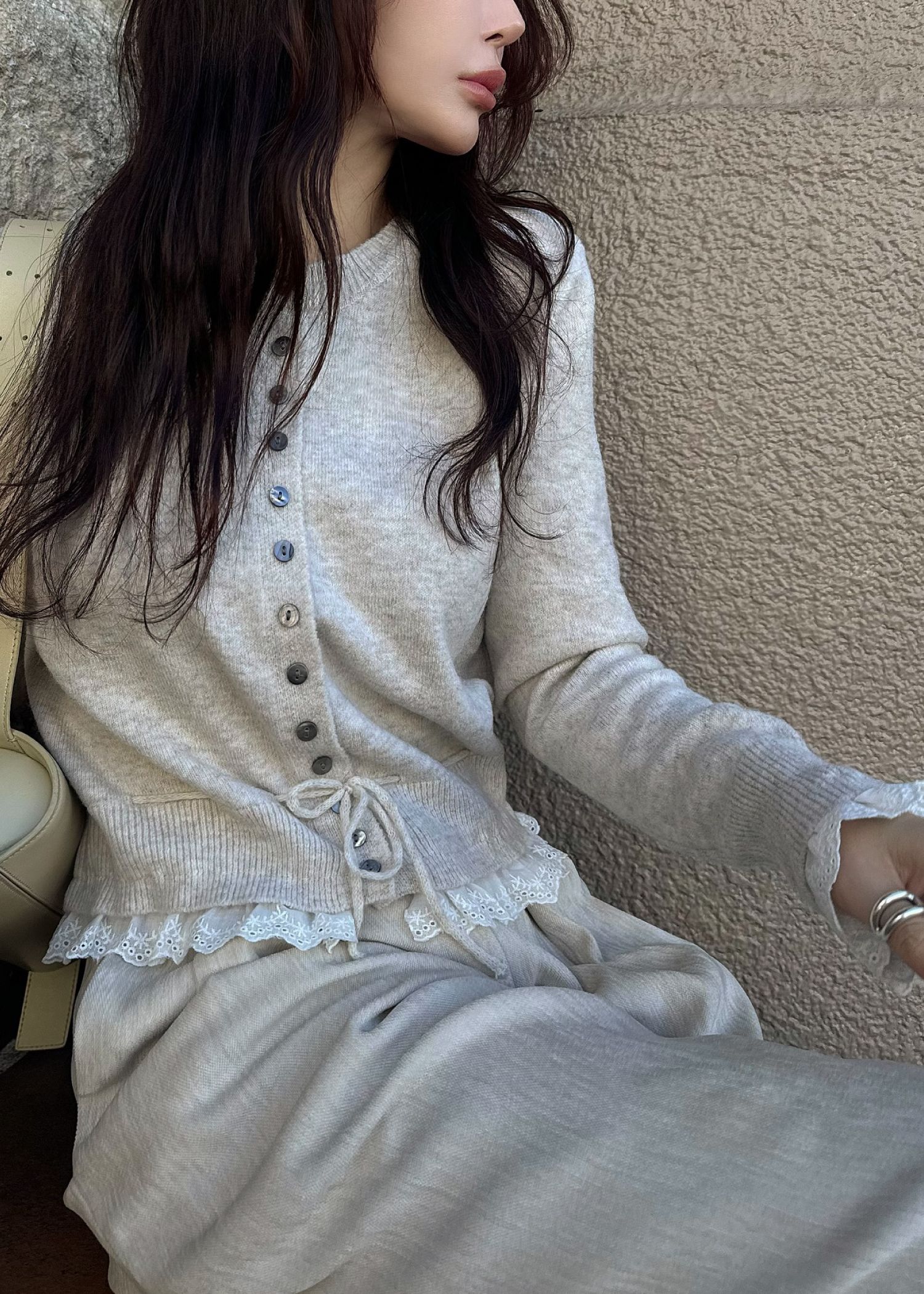 lace trim drawstring knit cardigan