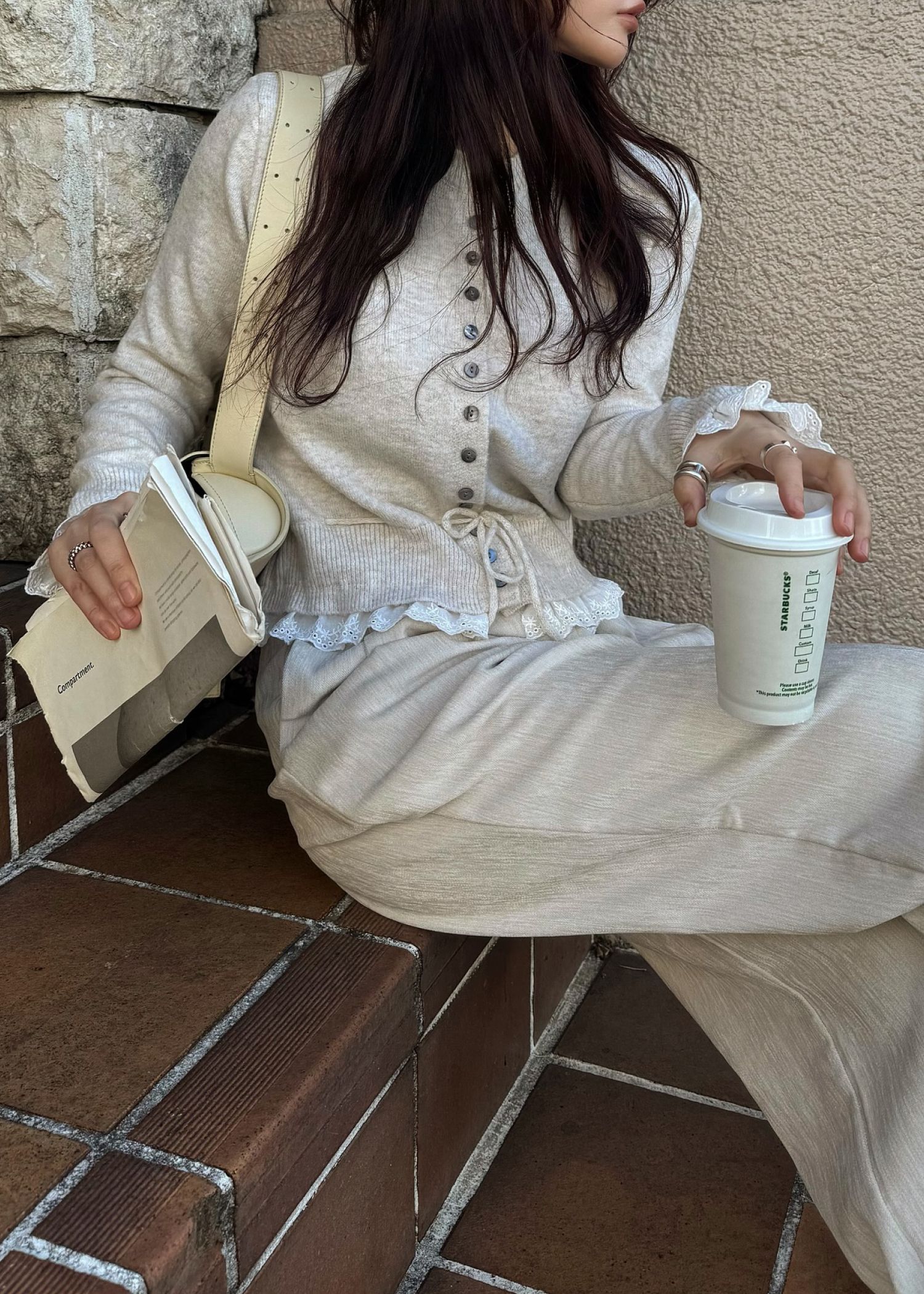 lace trim drawstring knit cardigan