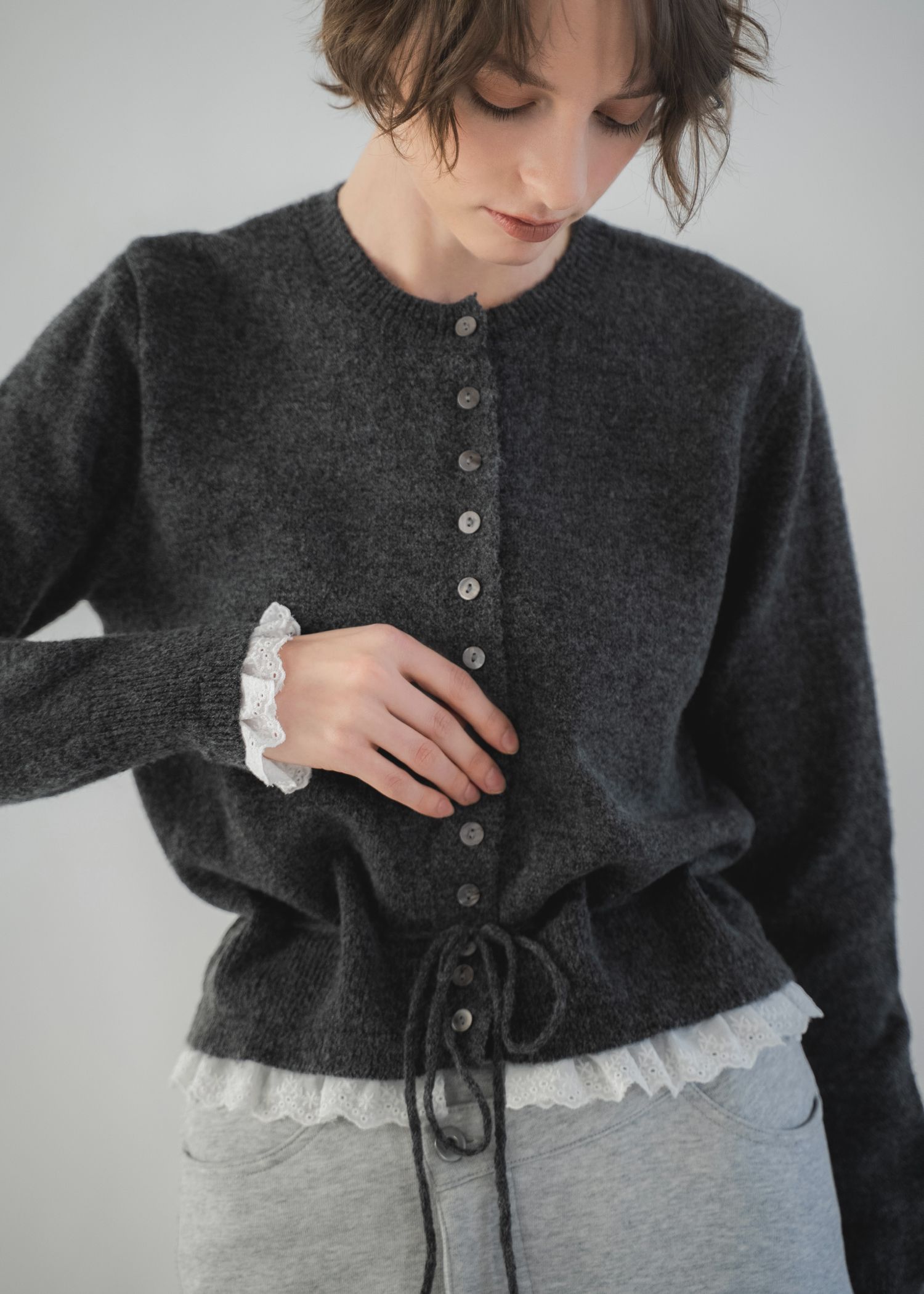 lace trim drawstring knit cardigan