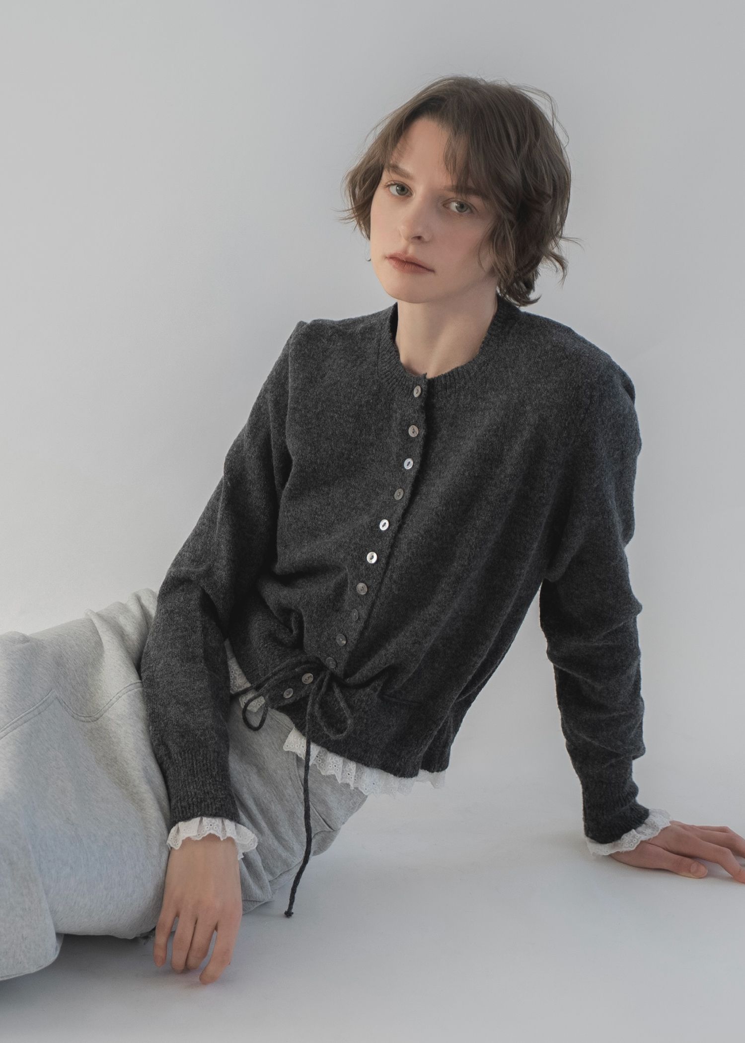 lace trim drawstring knit cardigan