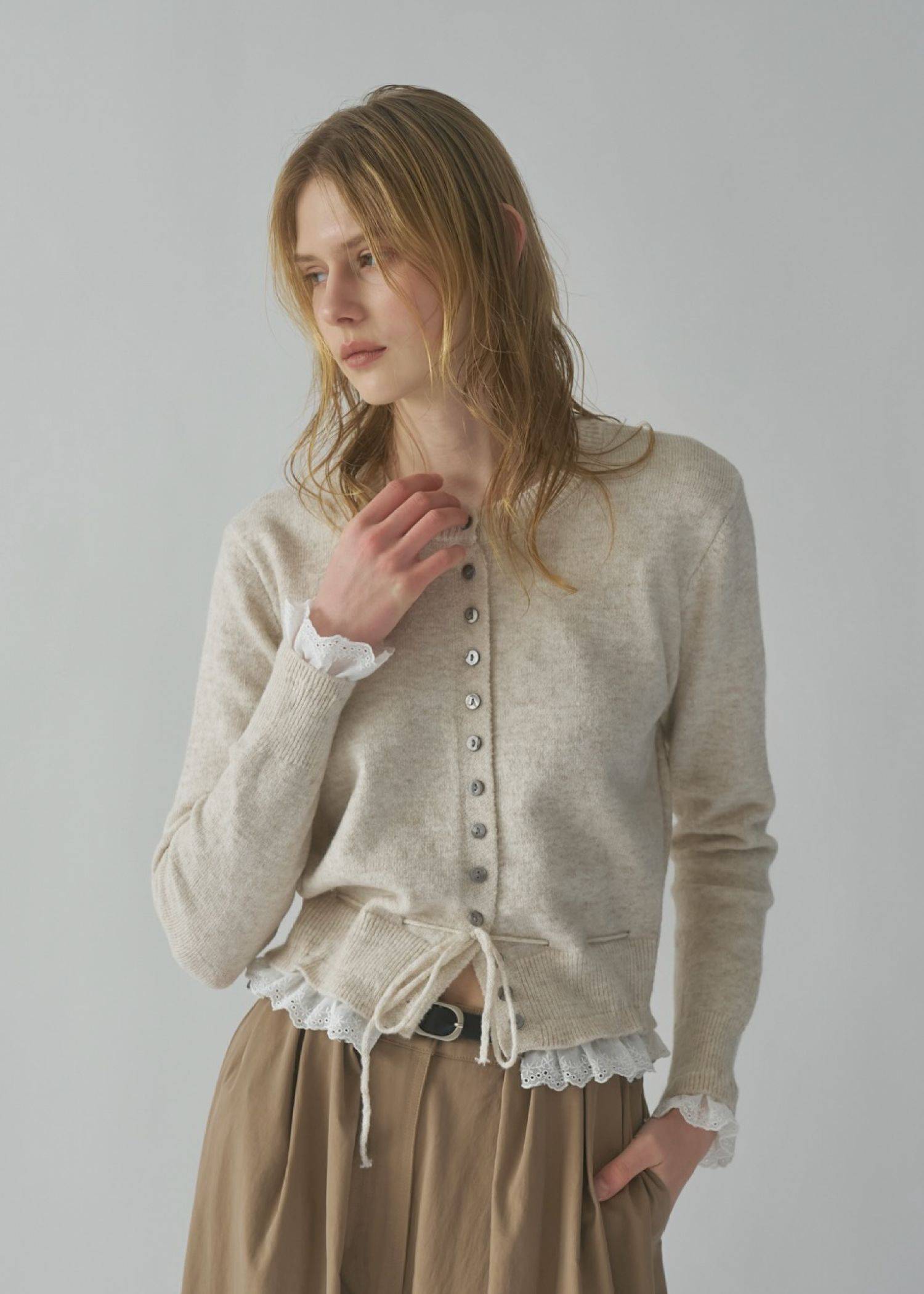 lace trim drawstring knit cardigan