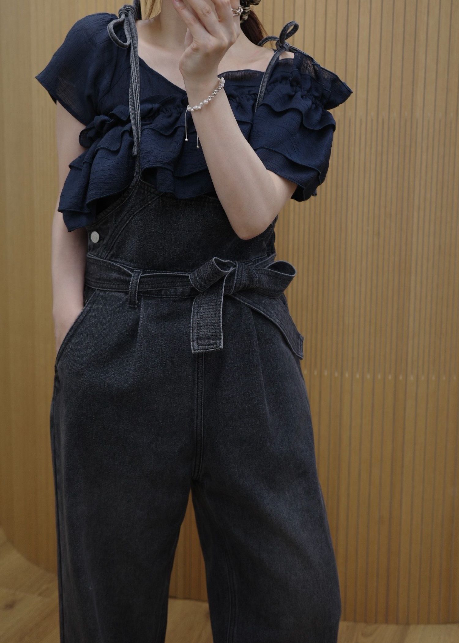 denim tapered ribbon salopette