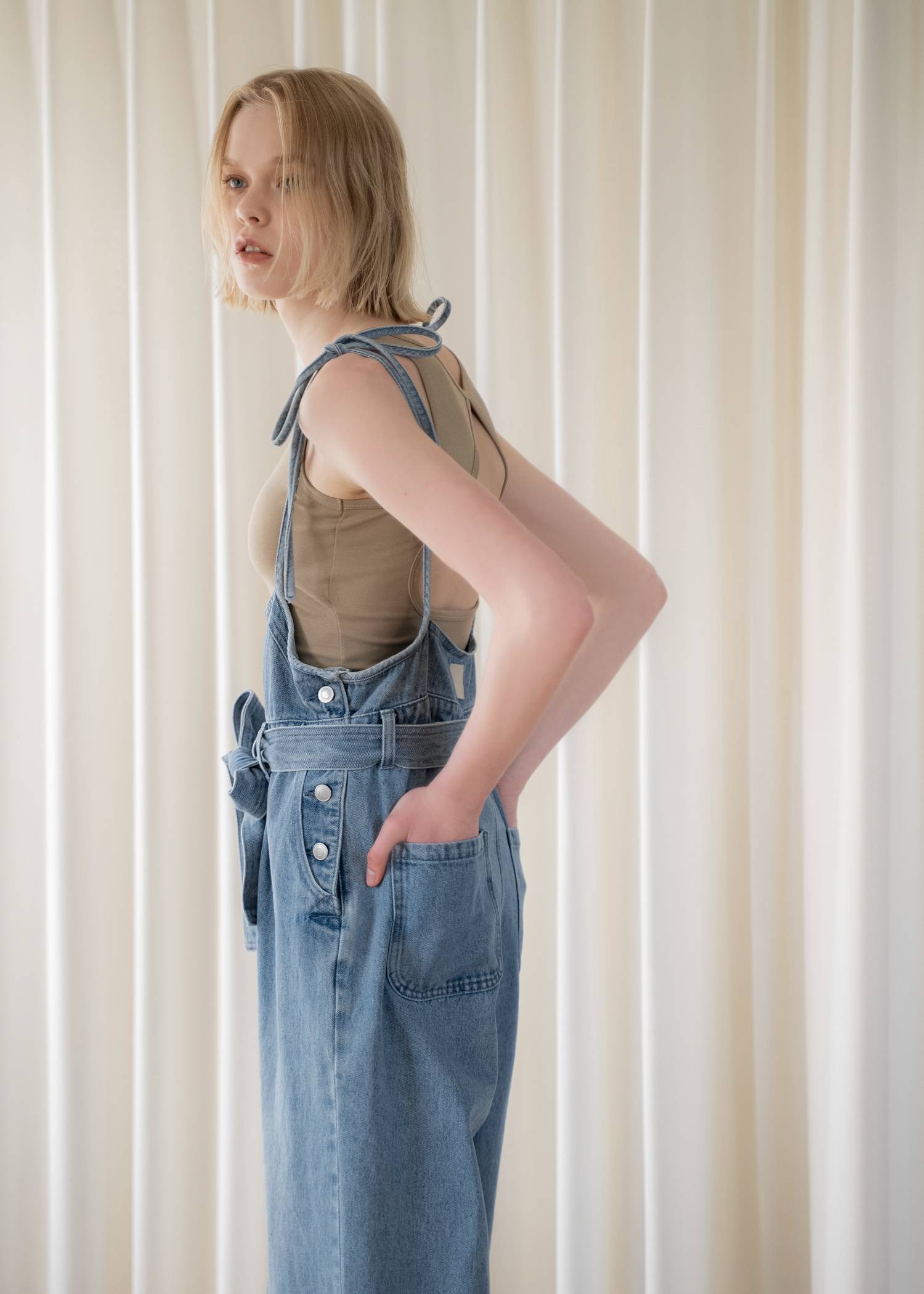 denim tapered ribbon salopette