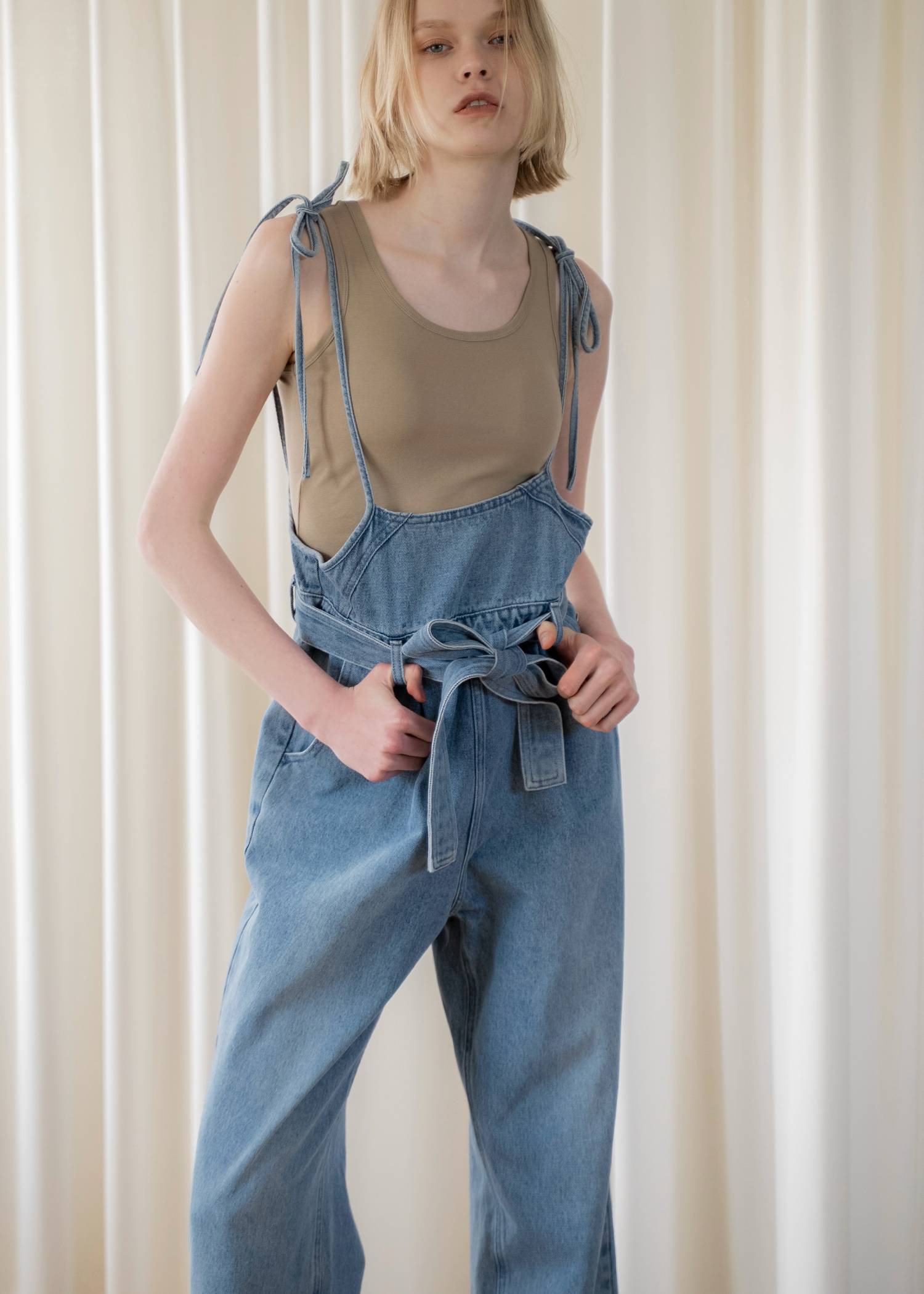 denim tapered ribbon salopette