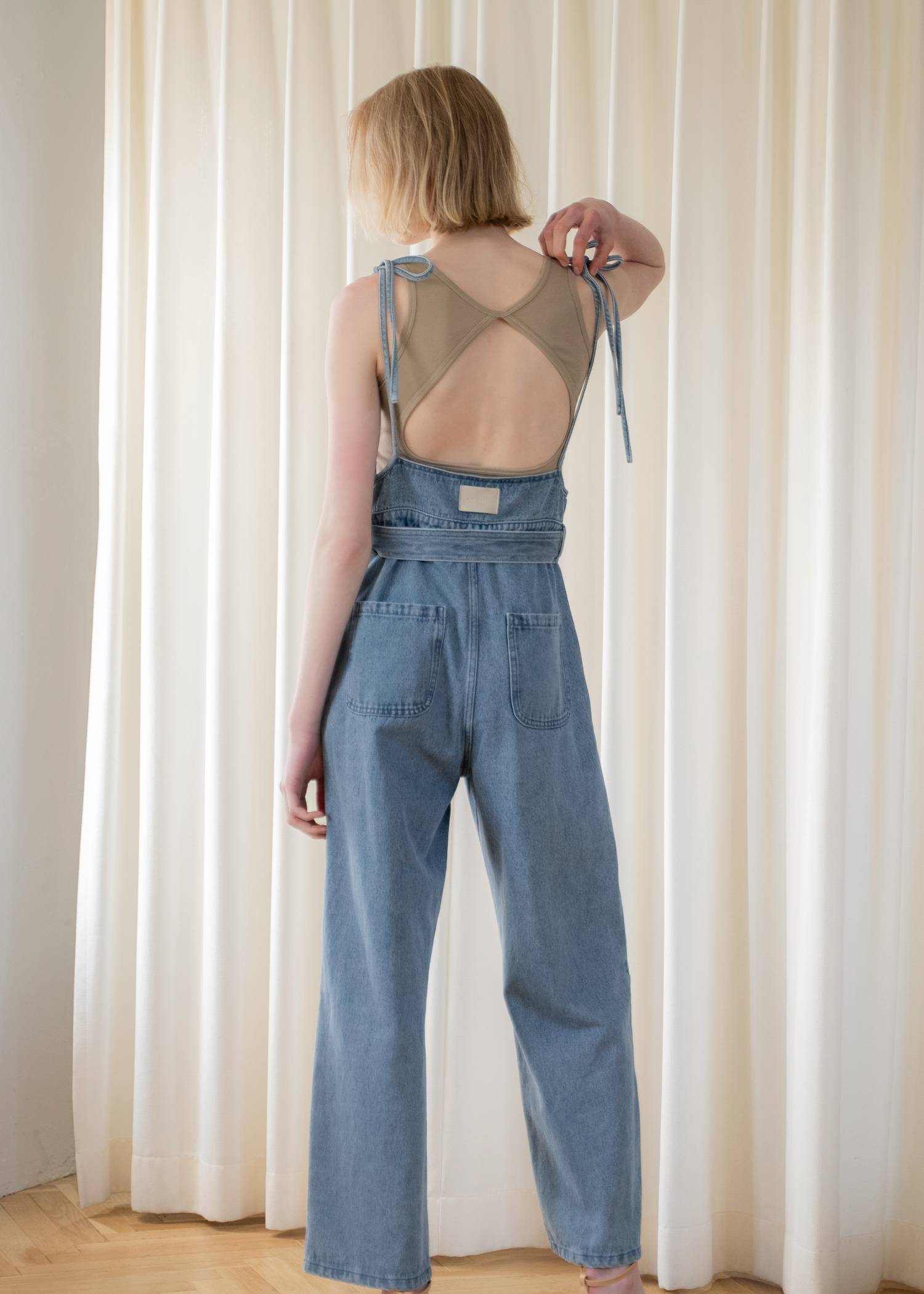 denim tapered ribbon salopette