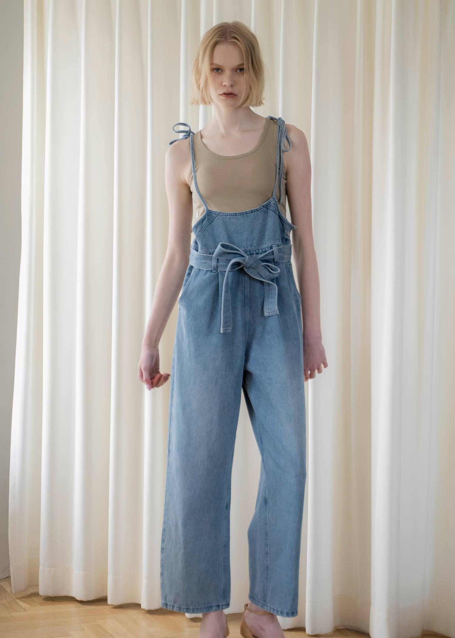 denim tapered ribbon salopette