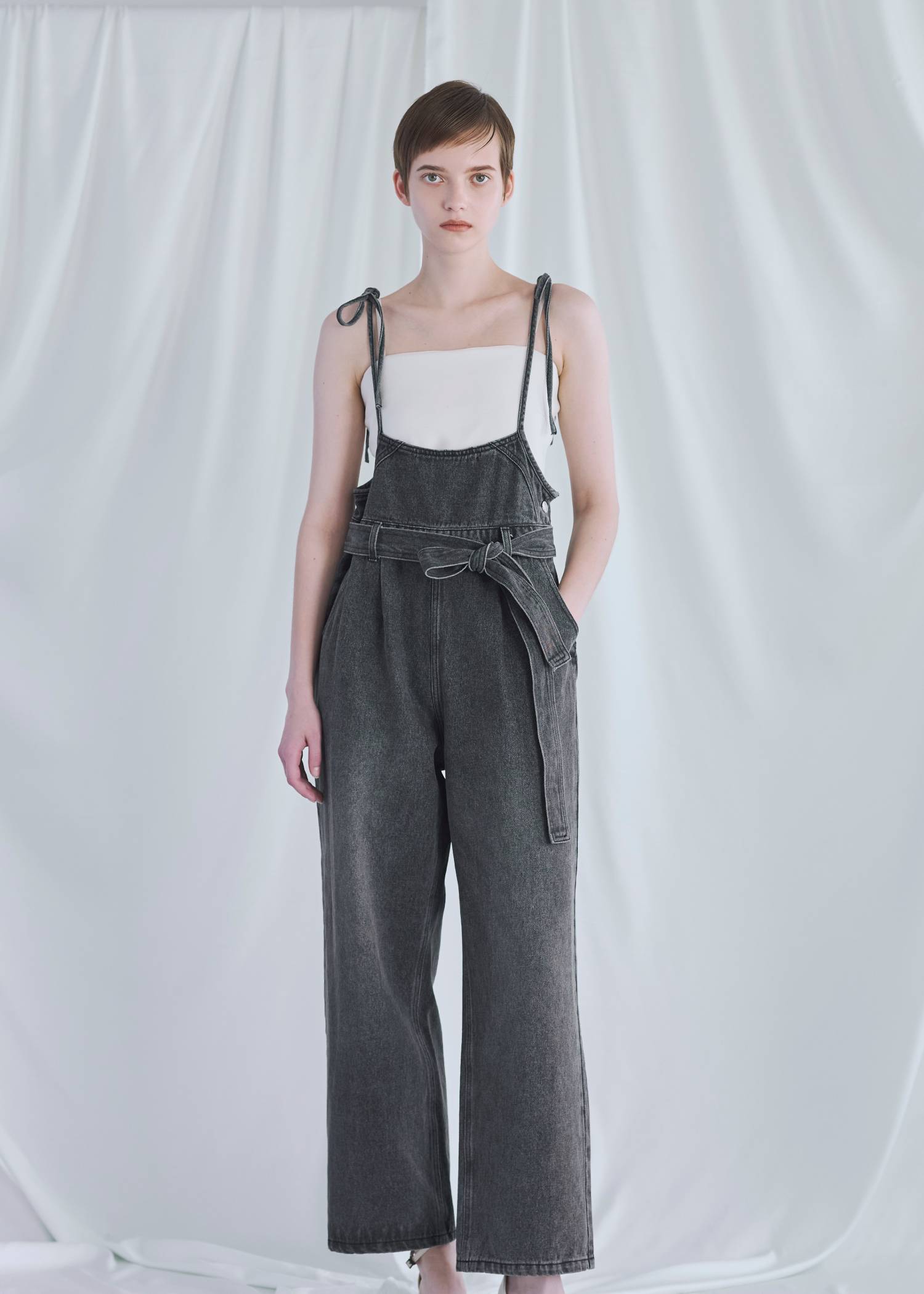 denim tapered ribbon salopette