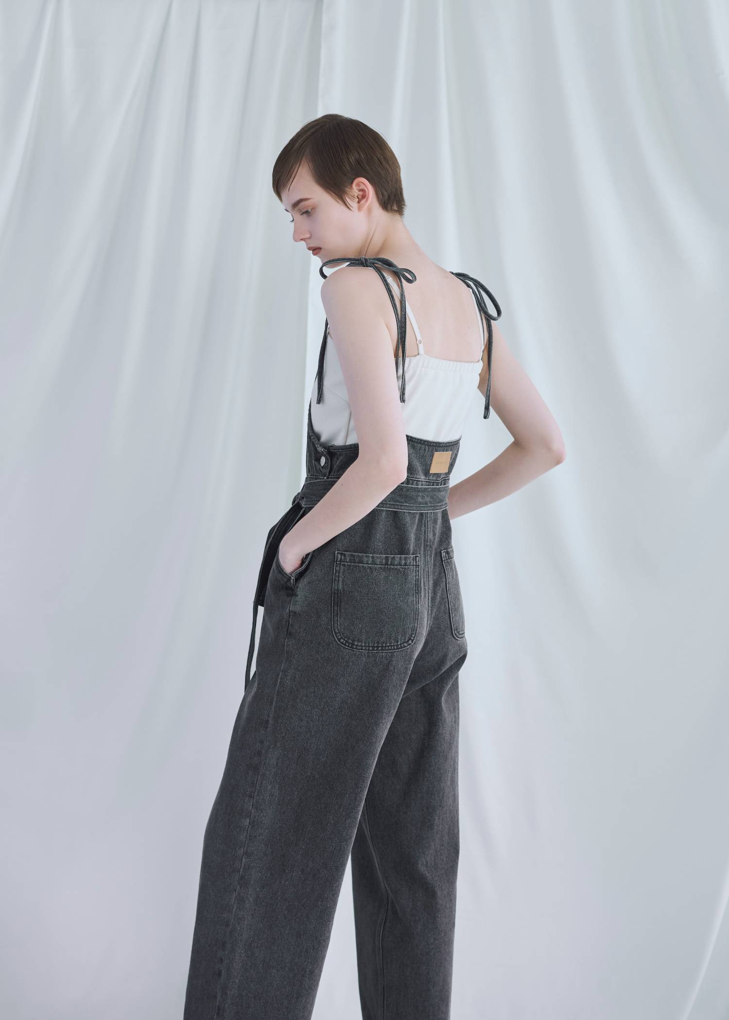 denim tapered ribbon salopette