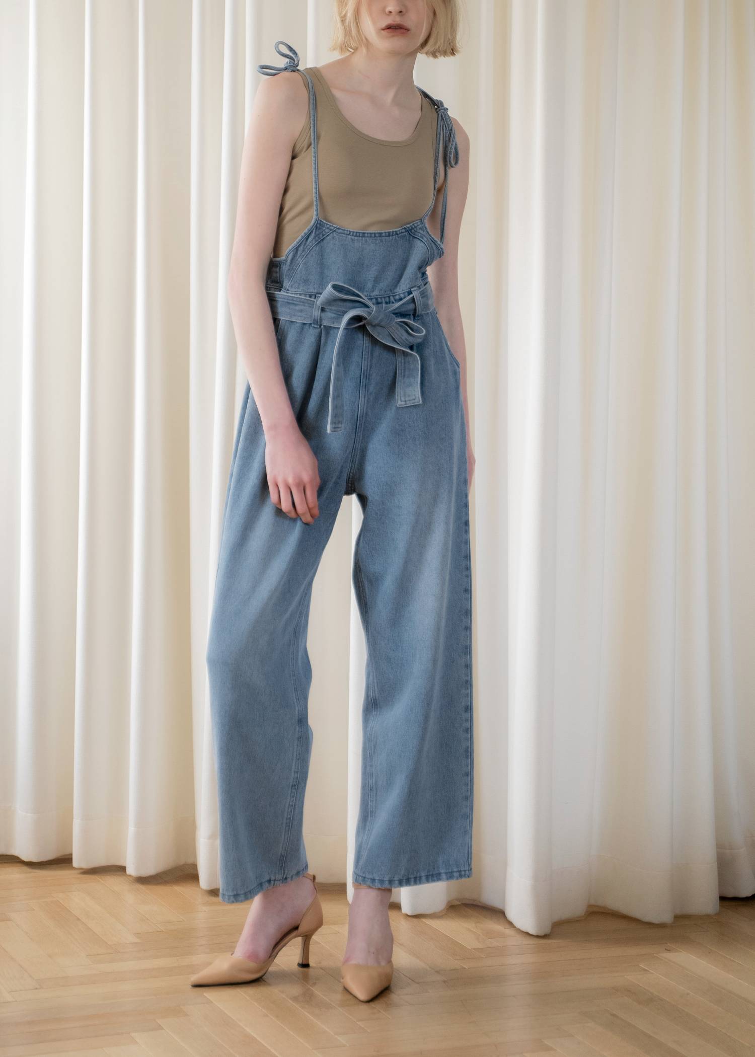 denim tapered ribbon salopette