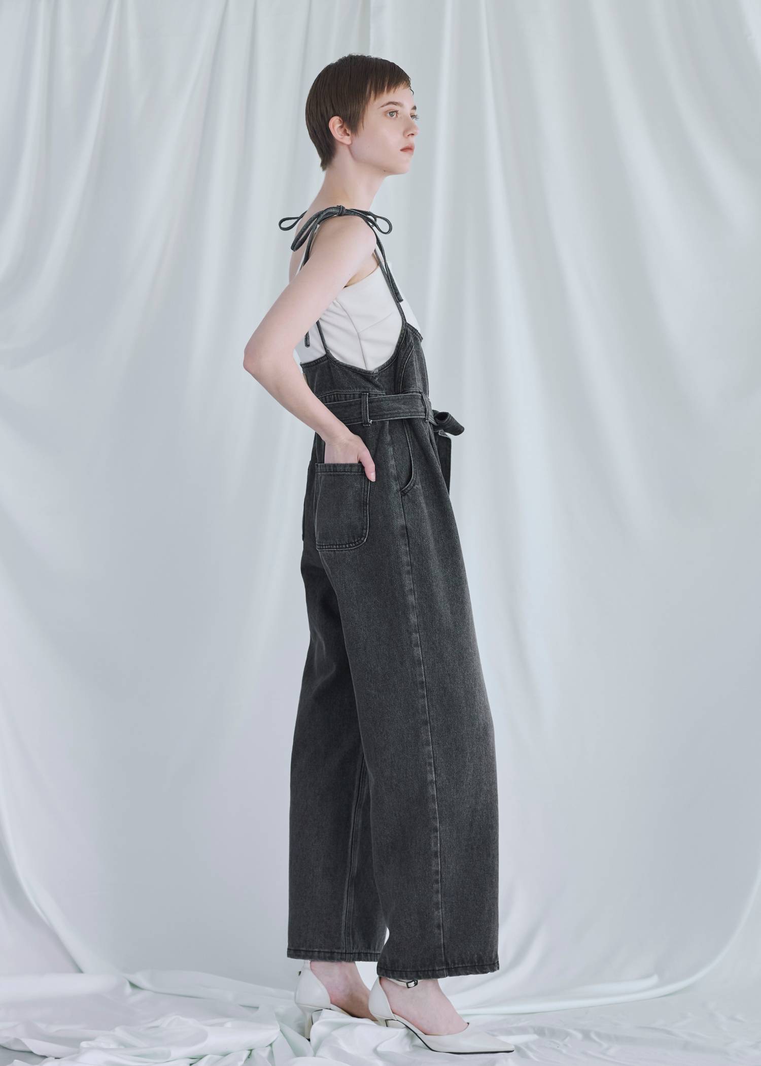 denim tapered ribbon salopette