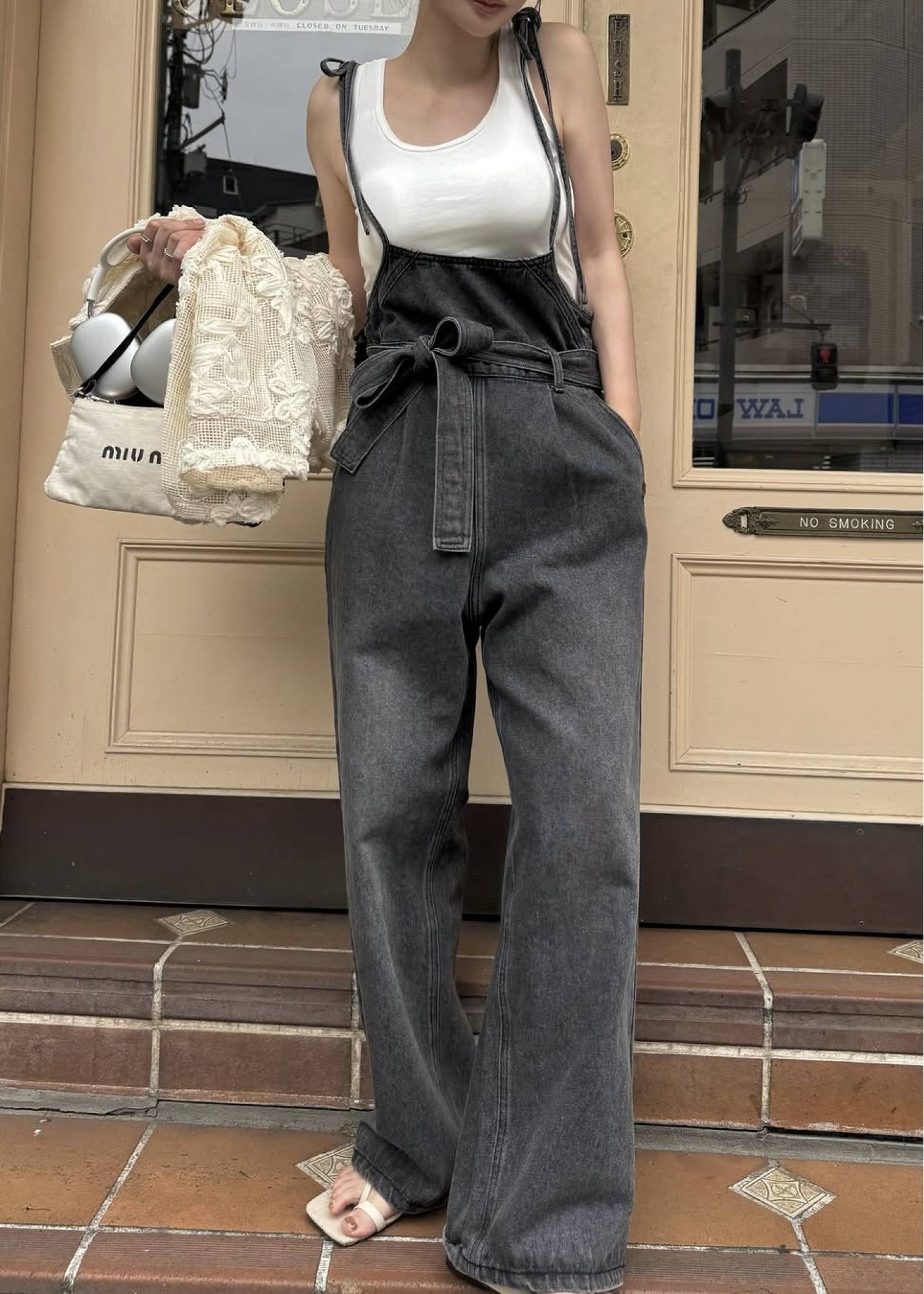 denim tapered ribbon salopette