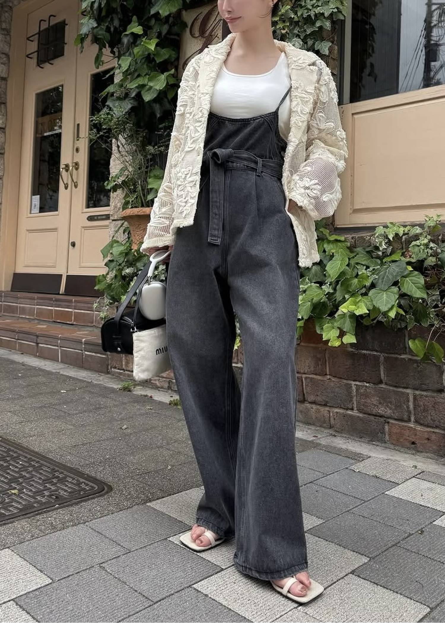 denim tapered ribbon salopette