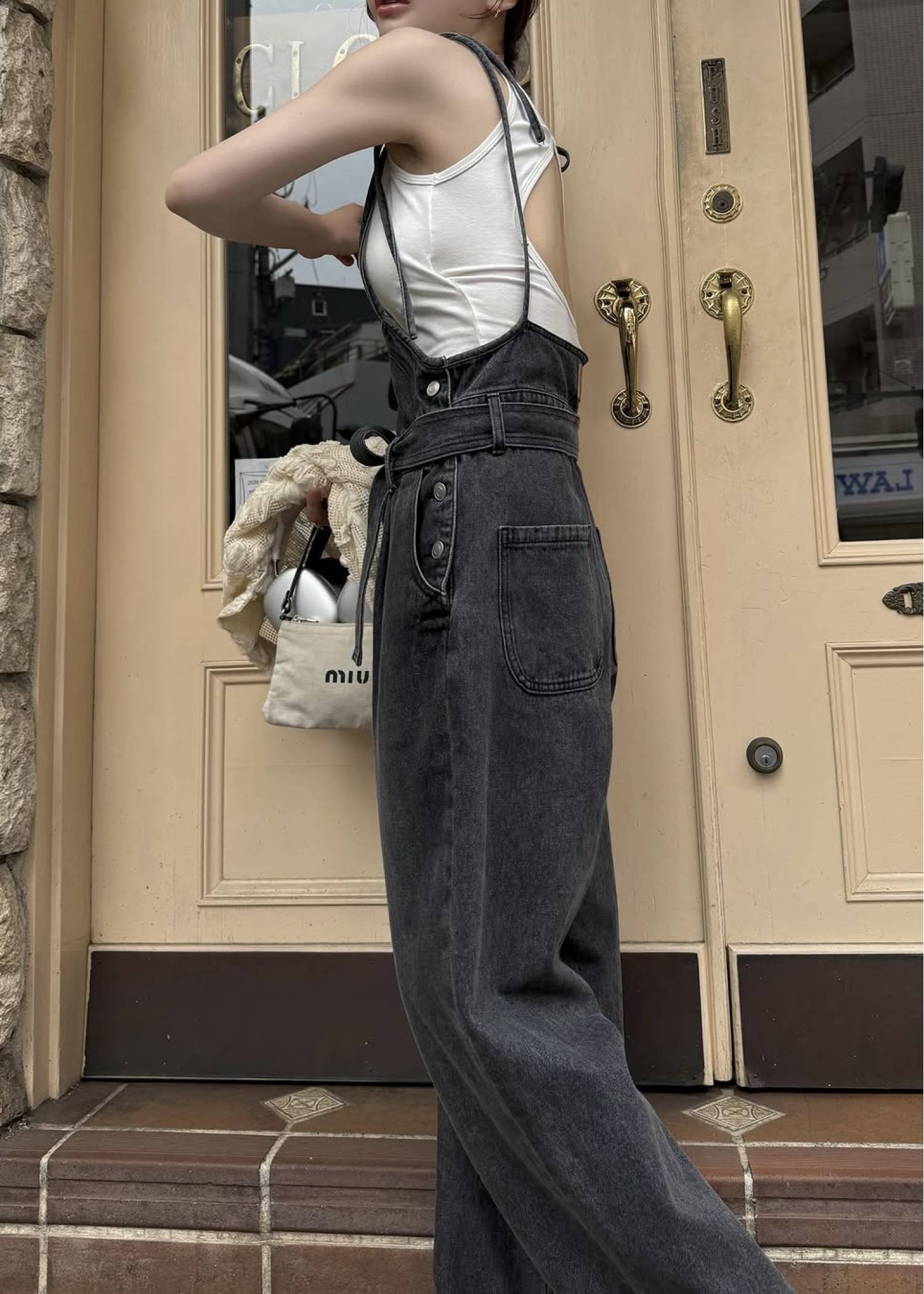 denim tapered ribbon salopette