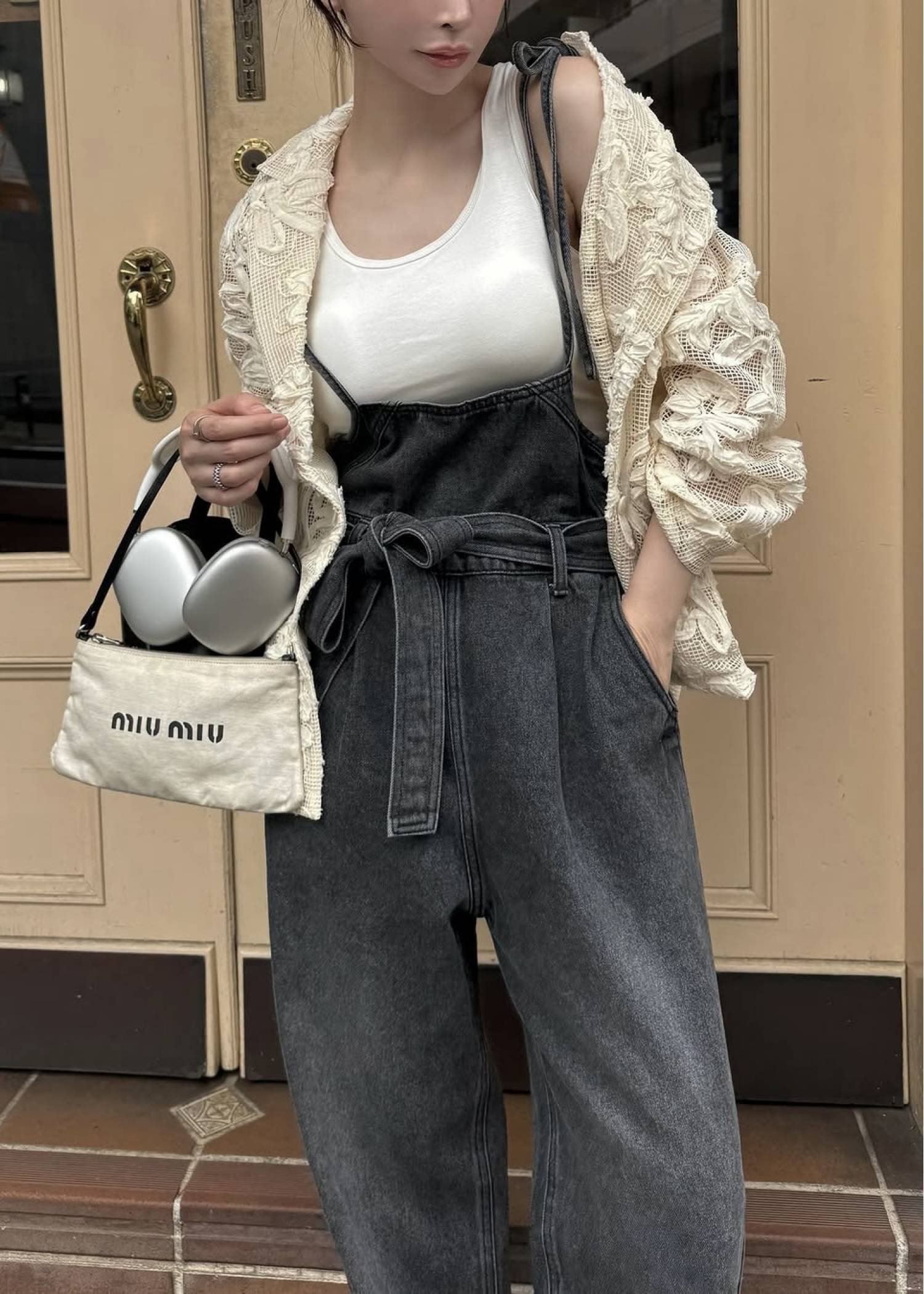 denim tapered ribbon salopette
