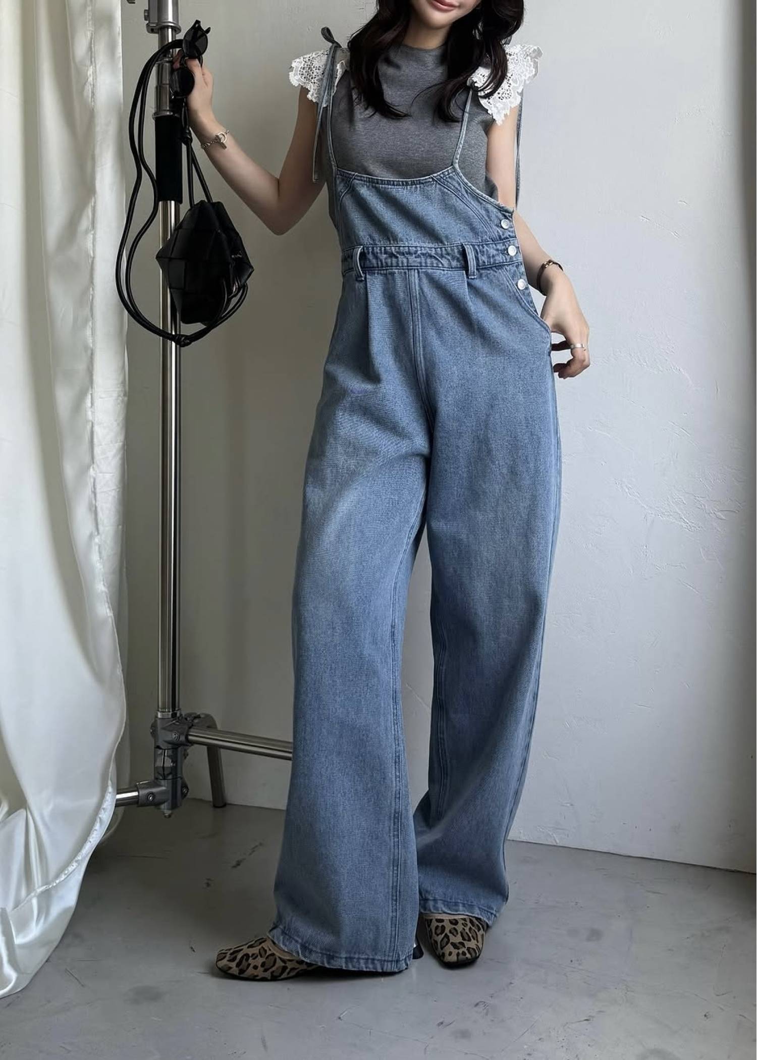 denim tapered ribbon salopette