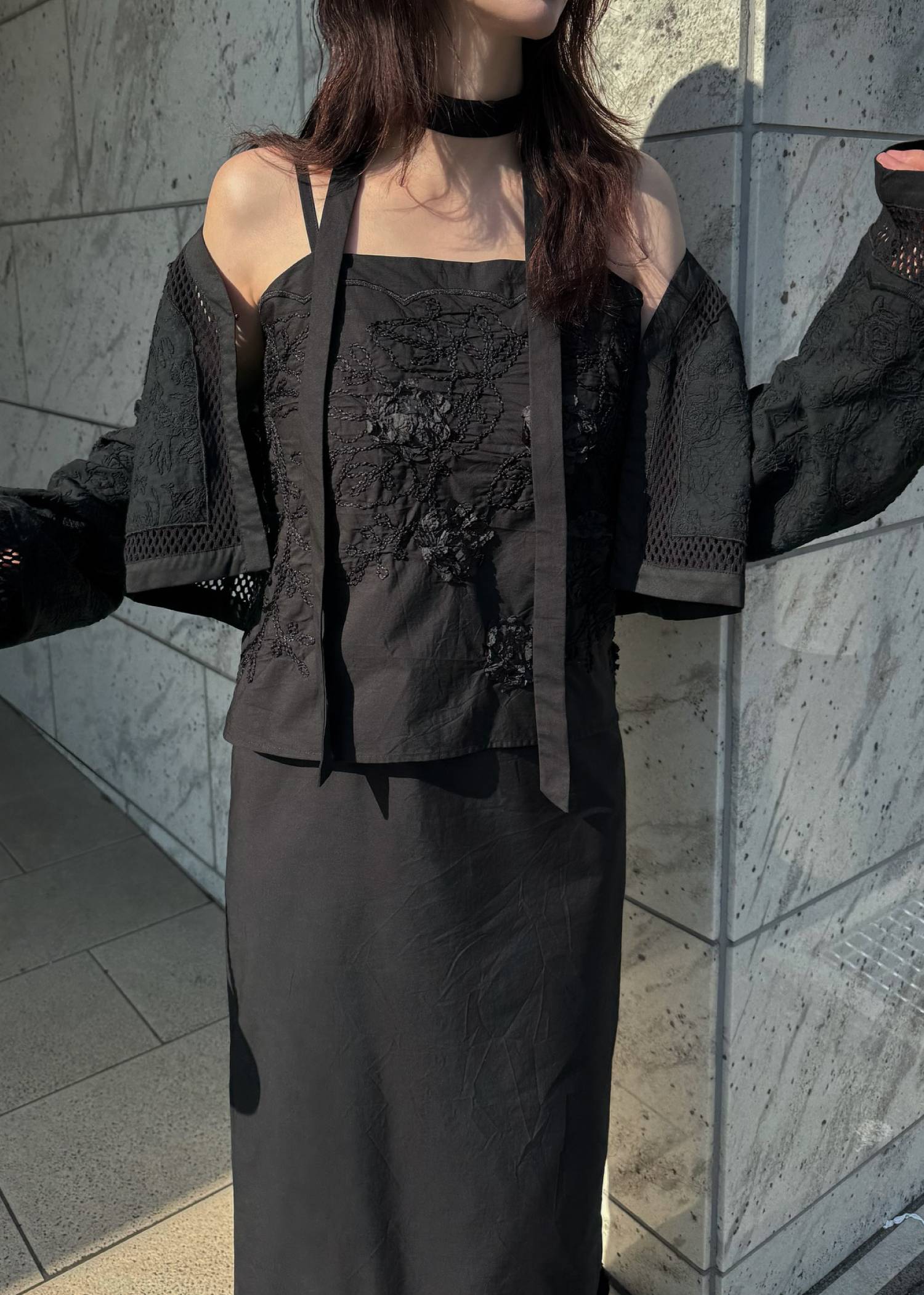 flower cord embroidery layered cami OP