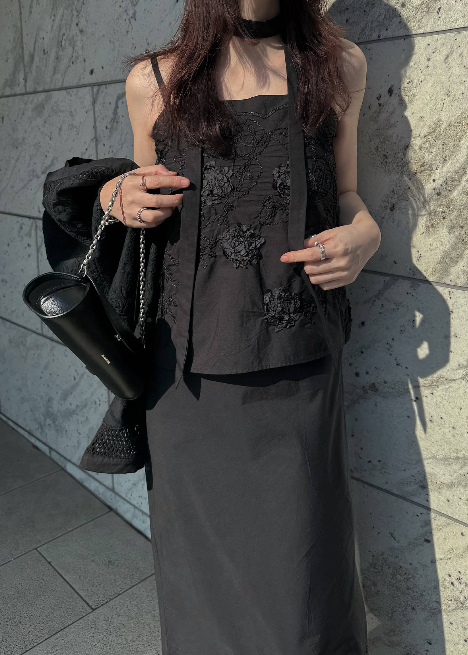 flower cord embroidery layered cami OP