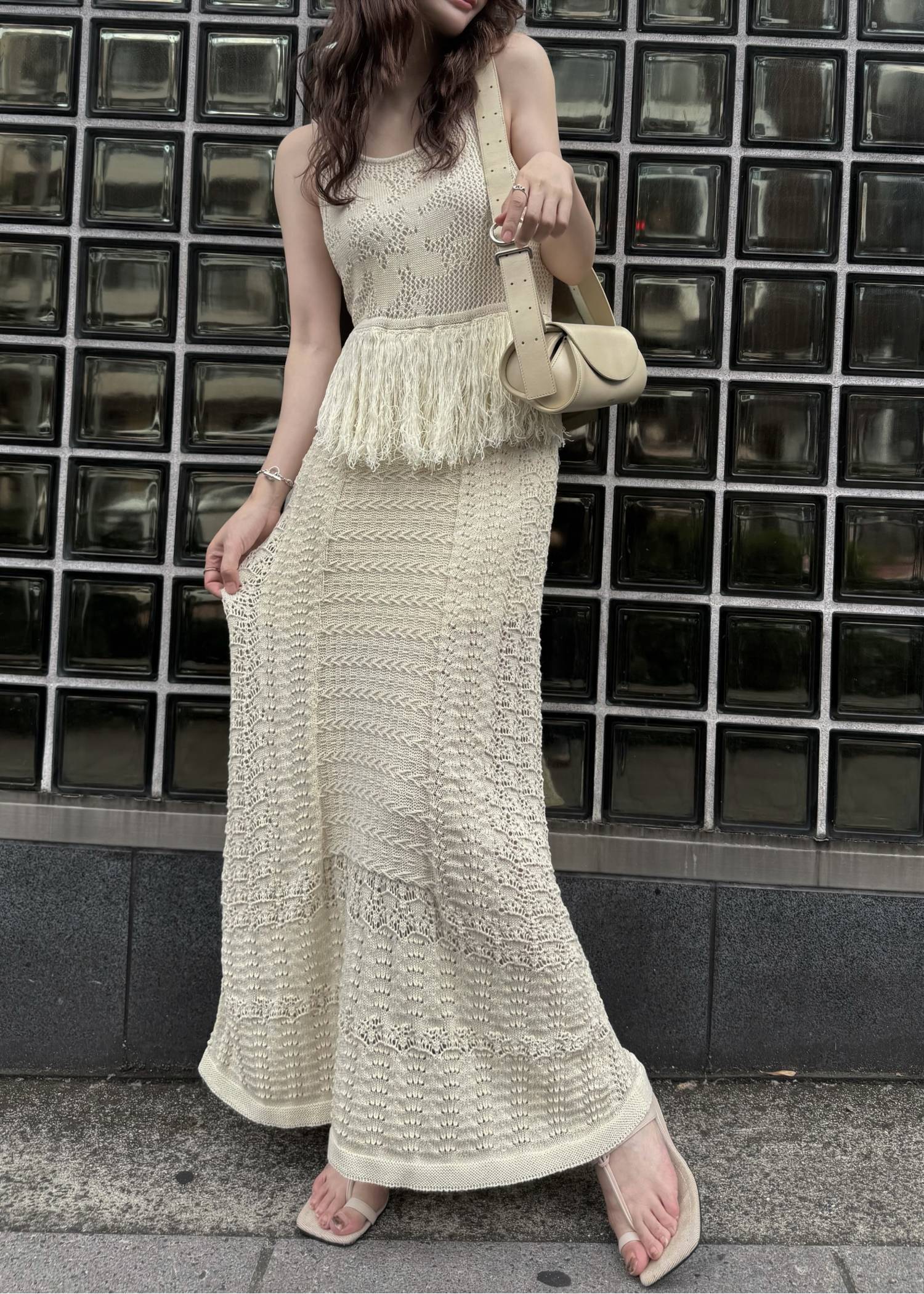 multi pattern jacquard fringe knit OP