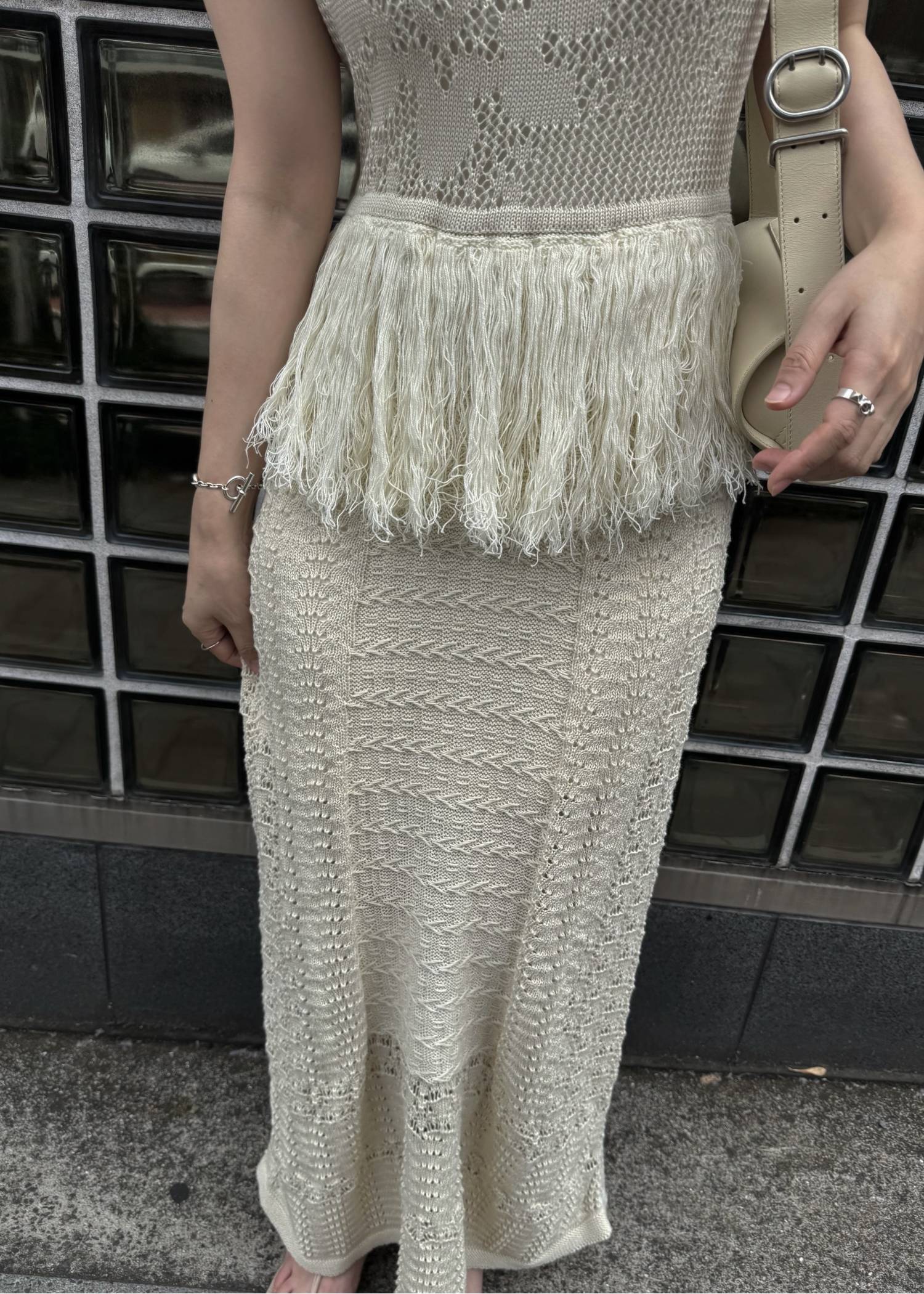 multi pattern jacquard fringe knit OP