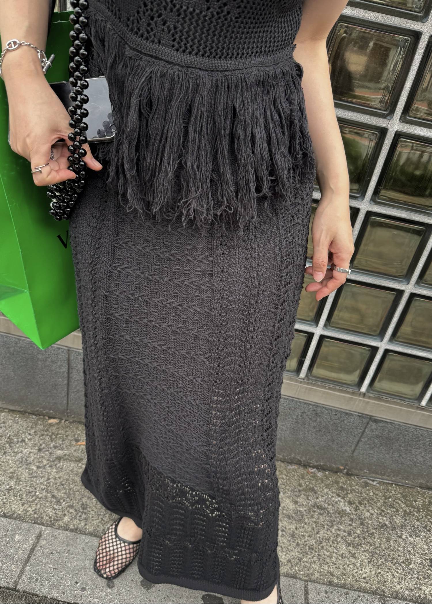 multi pattern jacquard fringe knit OP