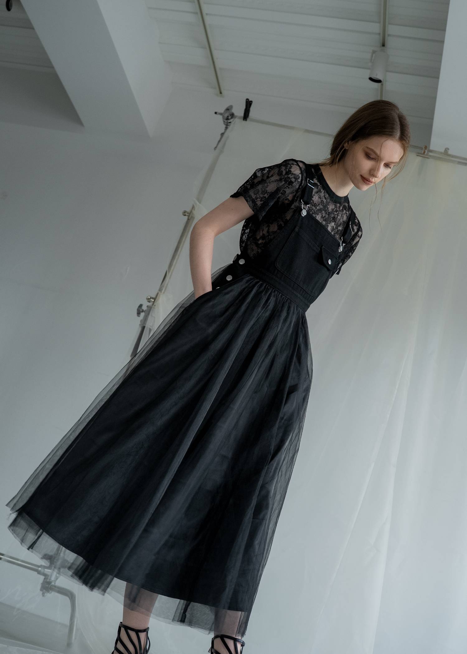 tulle tiered mixed material suspenders OP